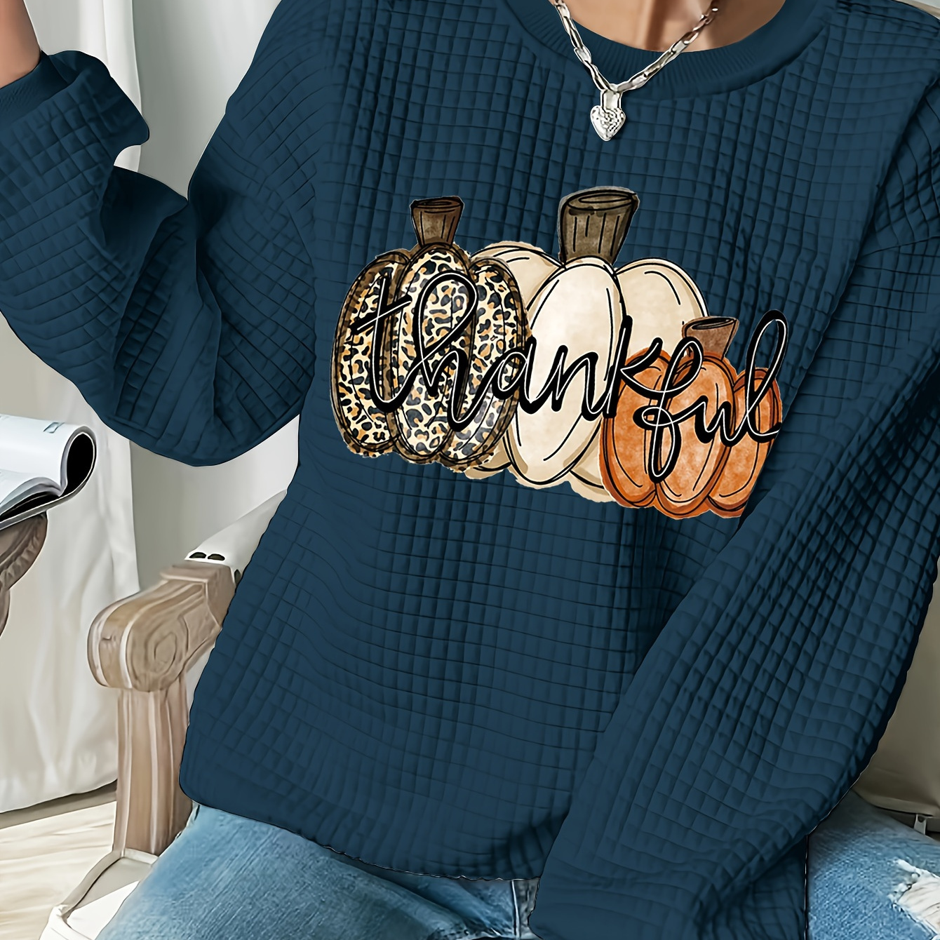 

Women's Leopard Print Thanksgiving Graphic Sweatshirt, Casual Round Neck, Stretchy Waffle Knit, Long Sleeve, Regular Length, Autumn/, Pullover With Patchwork Detail