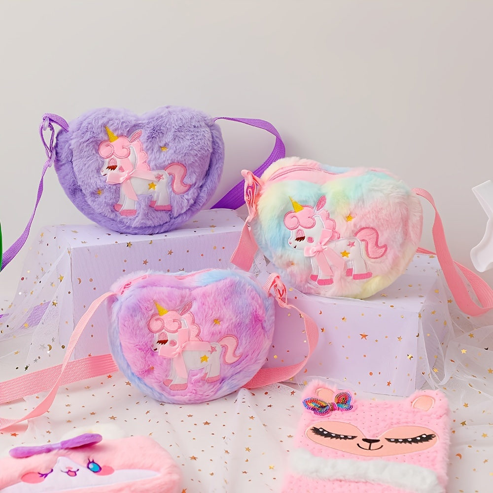 

Girls Cute Unicorn Plush Heart Zipper Shoulder Bag, Messenger Bag Coin Purse , Children's Gift