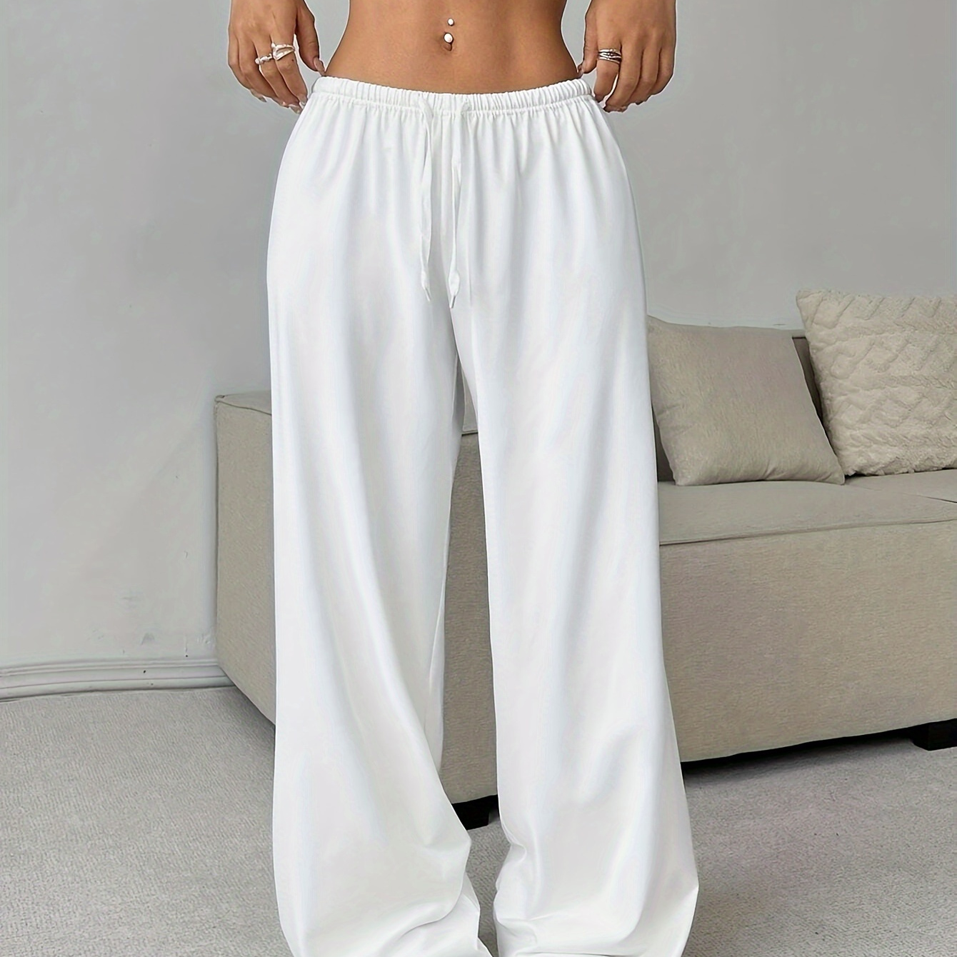 

Women's Casual Polyester Wide Leg Track Pants With Drawstring Waist, Solid Color, Medium Stretch Knit Fabric, Trousers