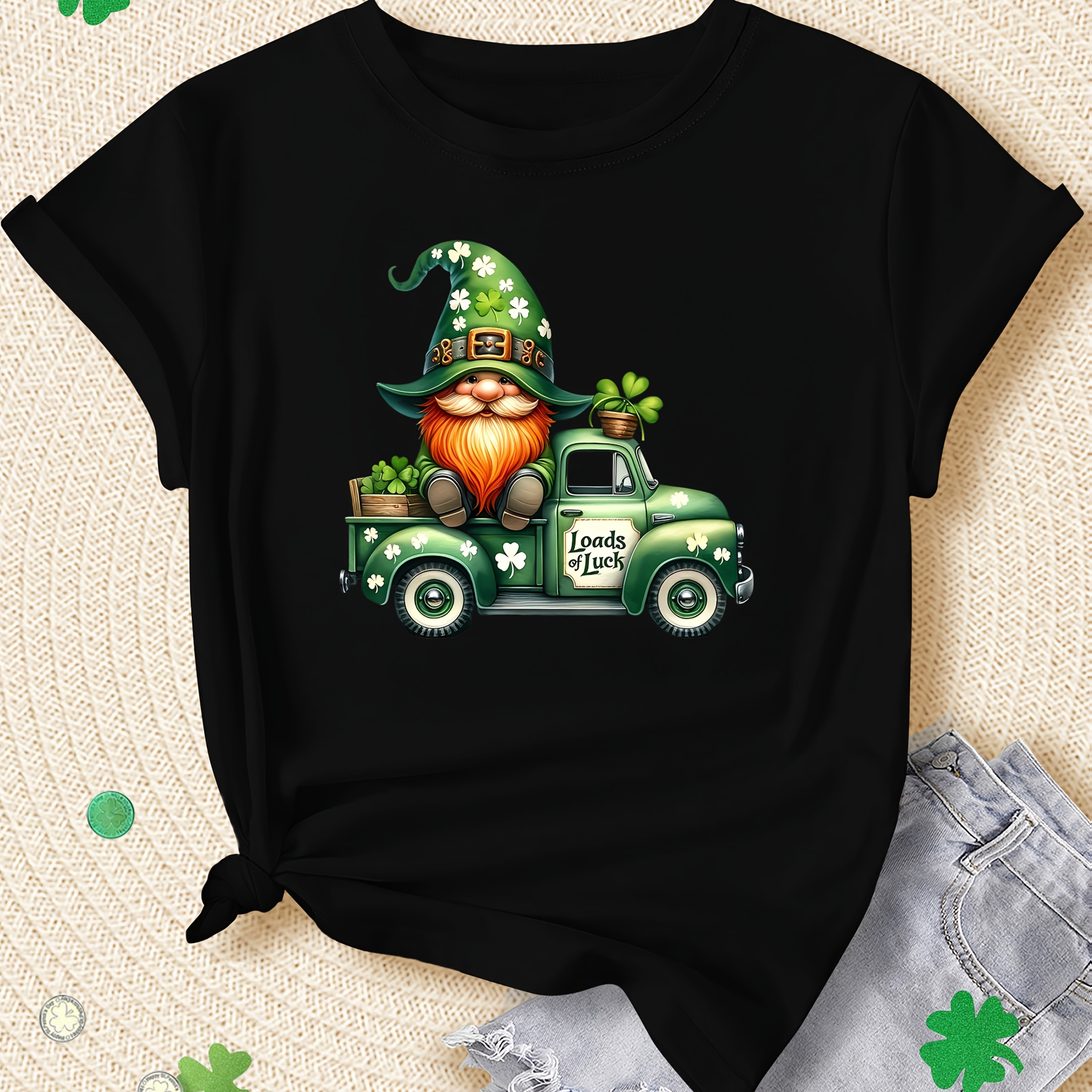 

's Size Women's T-shirt - Casual Clover & Print, Short Sleeve, Round Neck Top