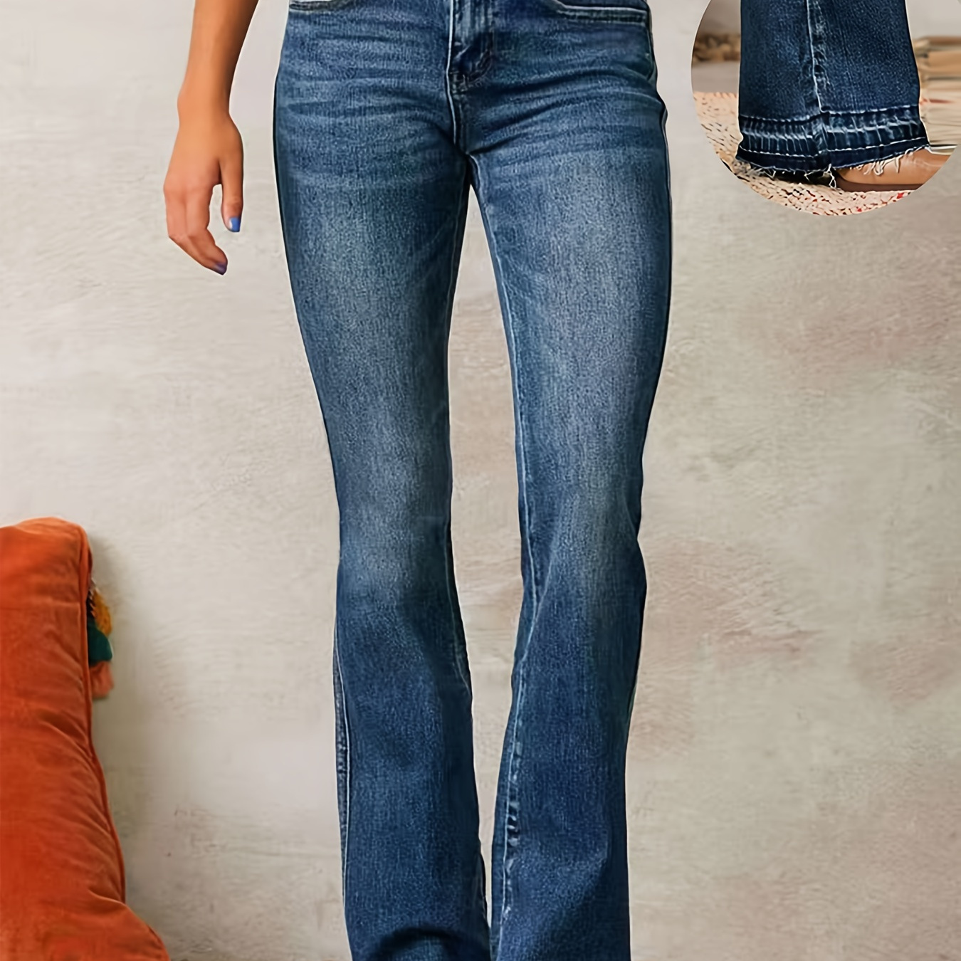 

1pc Jean Évasé En Denim Très Extensible Pour Femmes - Taille Mi-haute, Couleur Unie, Style Décontracté Avec Poches, Design À Double Boucle, Portée Confortable Toutes