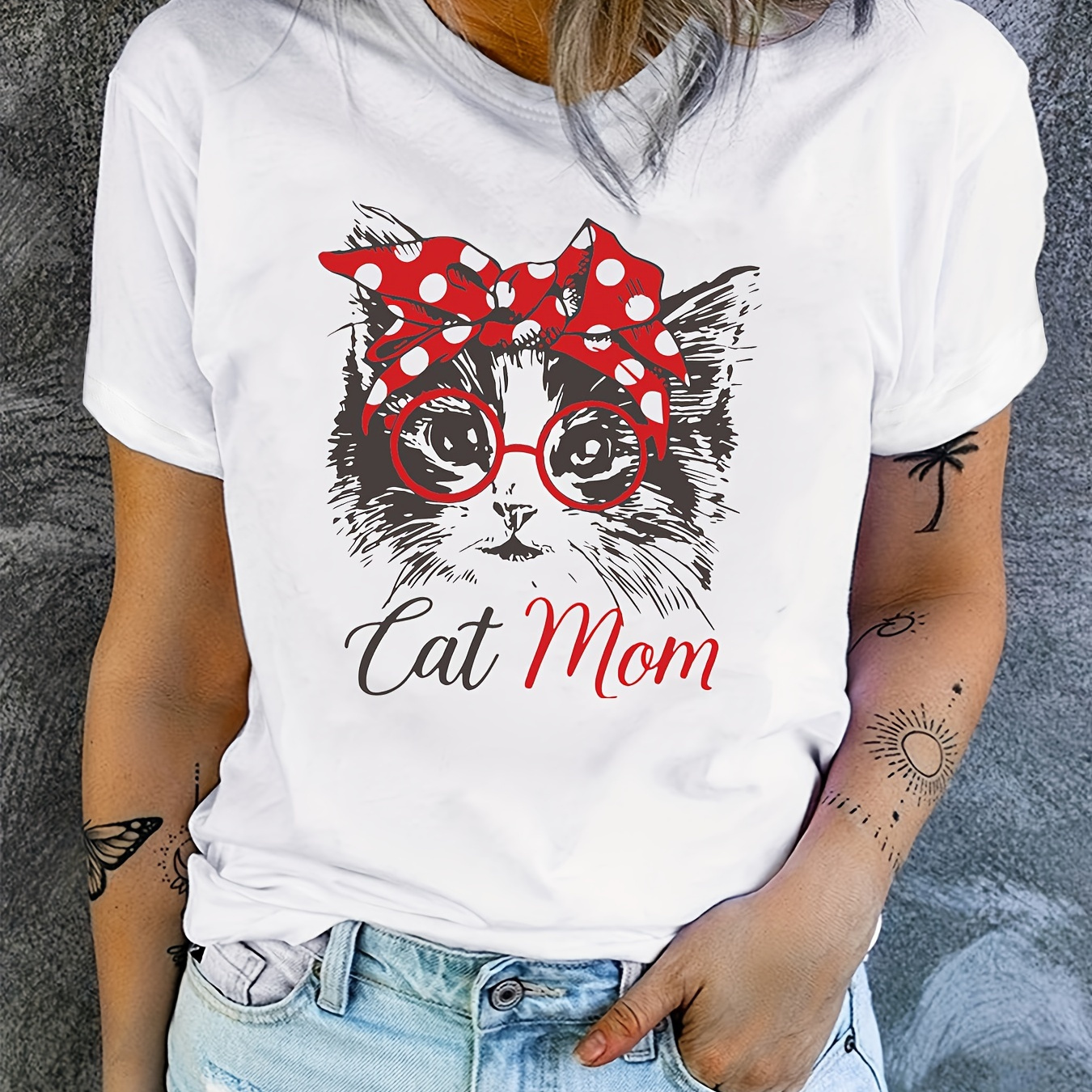 

Cat Mom Print Crew Neck T-shirt, Casual Short Sleeve T-shirt For Spring & Summer, Women's Clothing