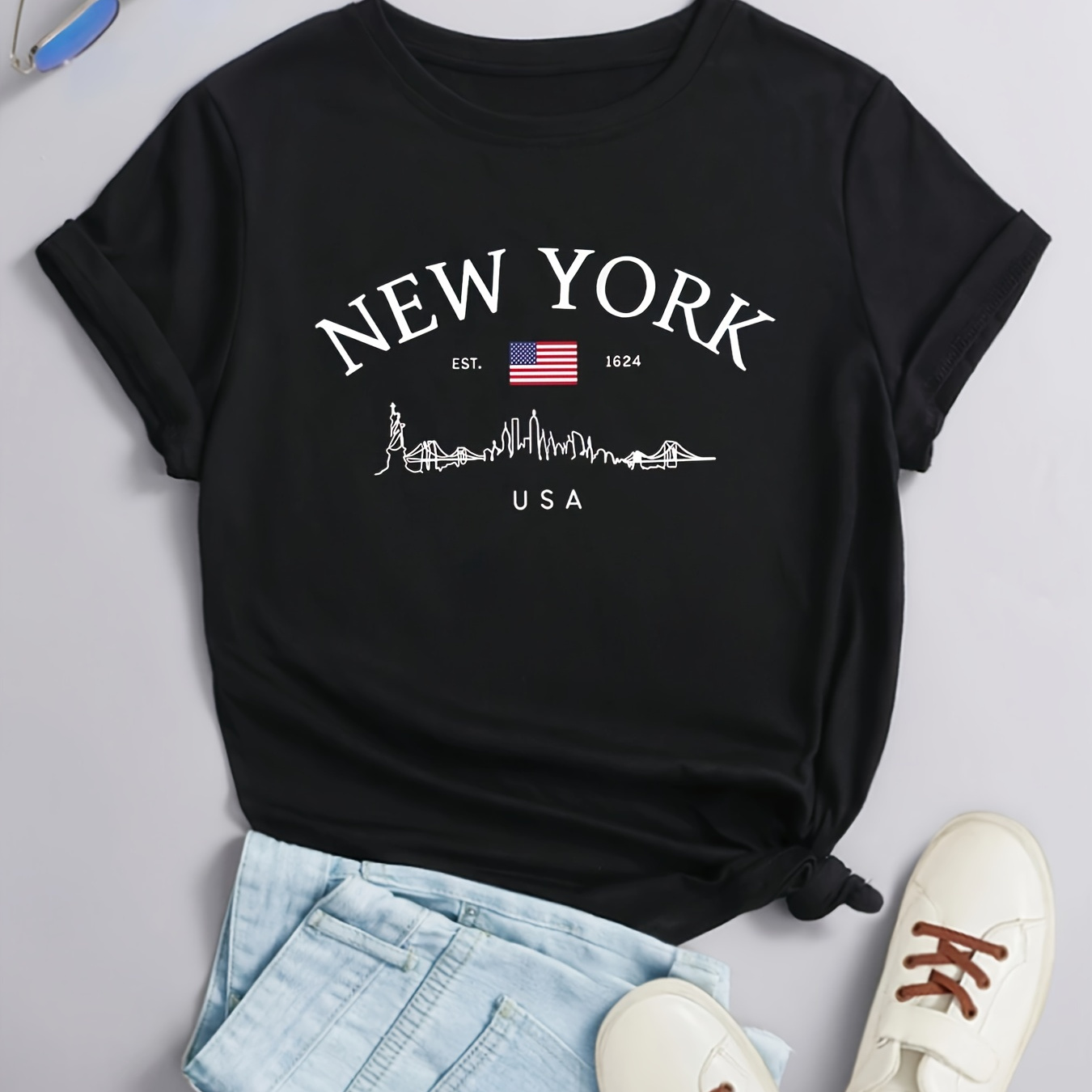 

New York Print Crew Neck T-shirt, Short Sleeve Casual Top For Summer & Spring, Women's Clothing