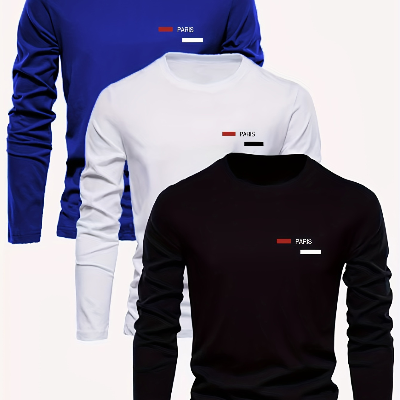 

Casual Men's Long Sleeve Crew Neck T-shirts Set - Polyester Spandex , Medium Stretch, Alphabet Print, Regular Fit Pullover For All - 3-pack, Casual Sporty Breathable Tops For & Outdoor Activities