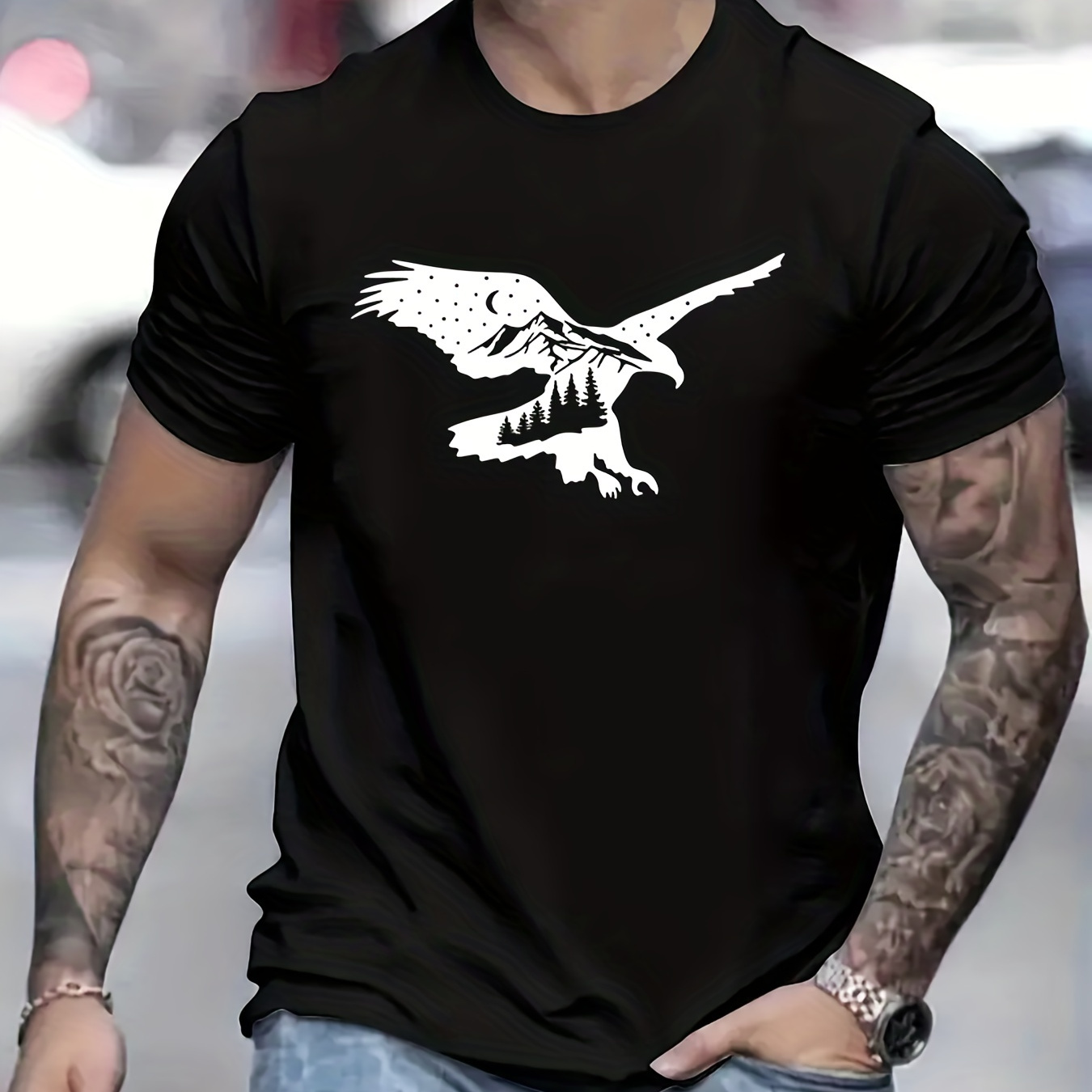 

Creative Eagle Pattern Men's T-shirt For Summer Outdoor, Novelty Men's Graphic Crew Neck Tops