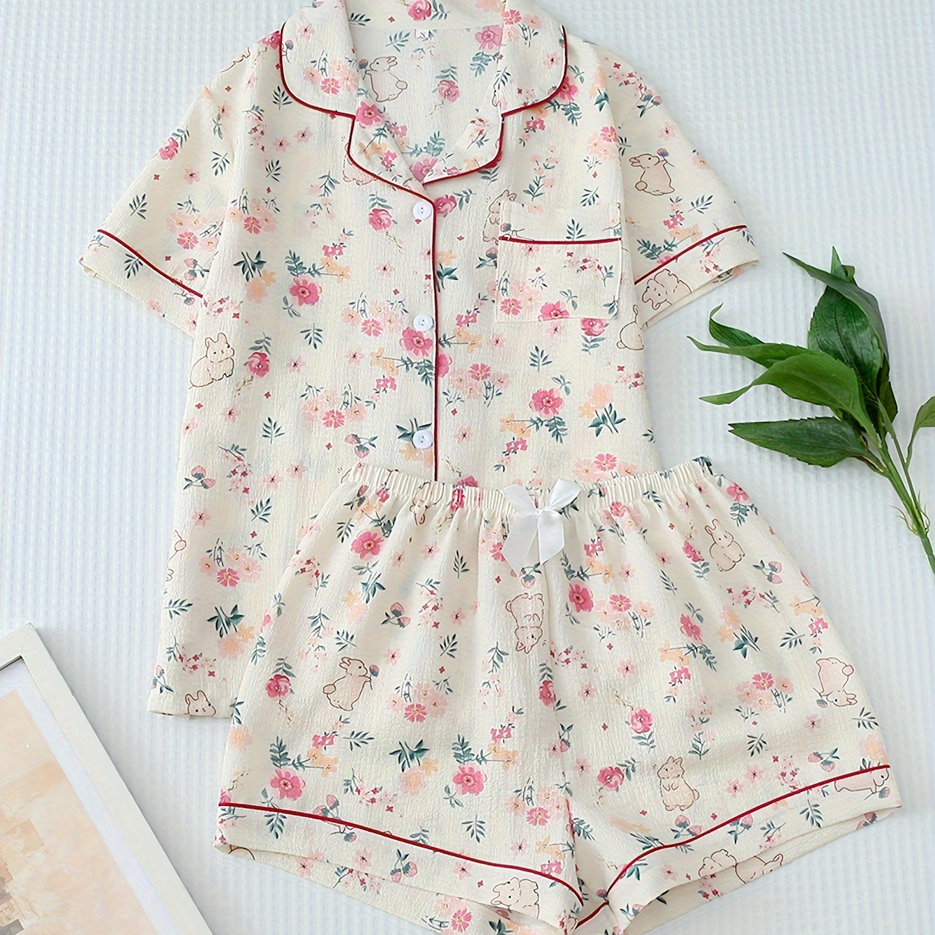 

Women's Cute Bunny & Floral Print Textured Pajama Set, Short Sleeve Buttons Lapel Top & Shorts, Comfortable Relaxed Fit