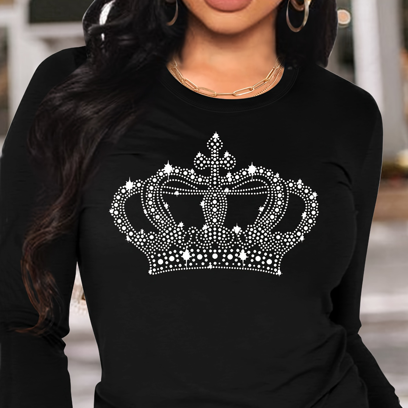 

Crown Print T-shirt, Long Sleeve Crew Neck Casual Top For Spring & Fall, Women's Clothing