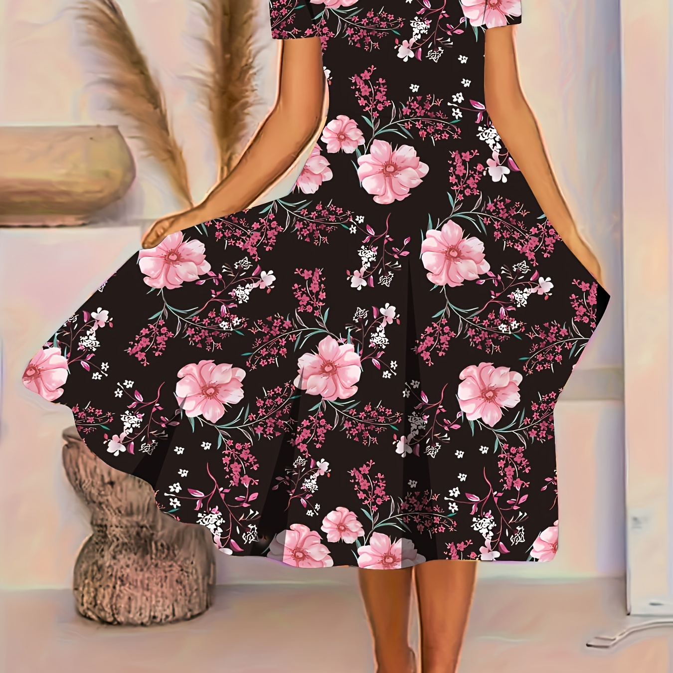 

Plus Size Floral Print Midi Dress, Elegant Short Sleeve Dress For Spring & Summer, Women's Plus Size Clothing