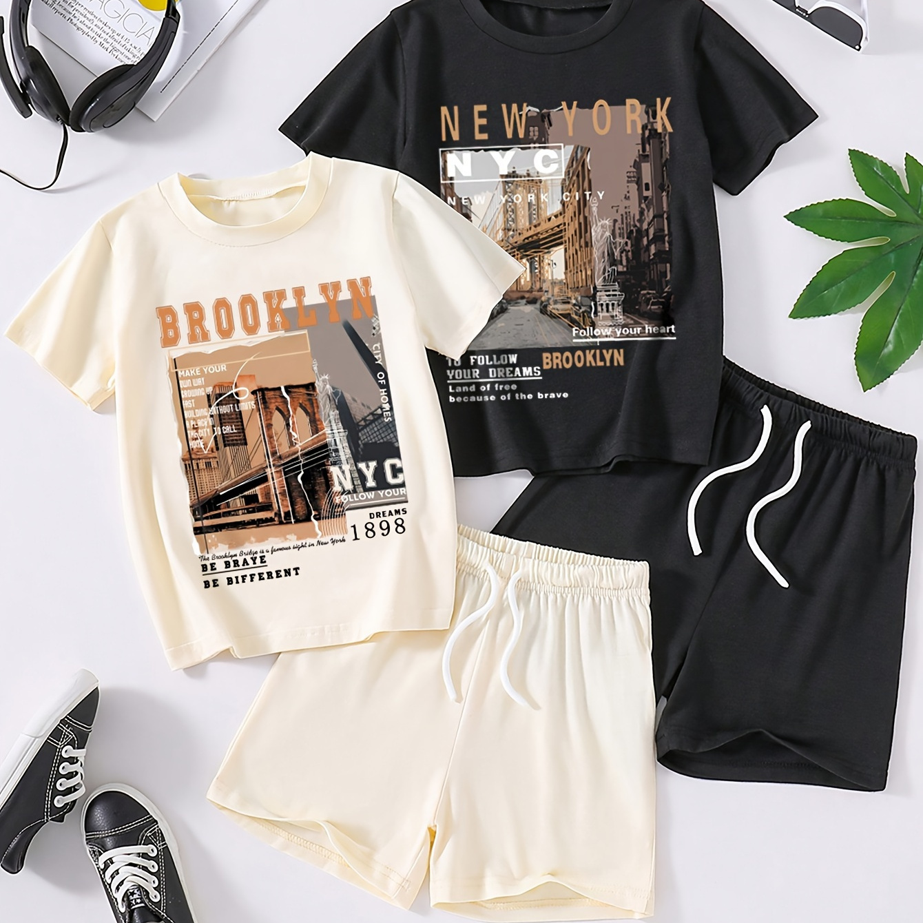 

4pcs - 2 Outfits Set Boys Casual Brooklyn Print Versatile Short Sleeve T-shirt & Shorts Set, Cool, Lightweight And Comfy Summer Clothes