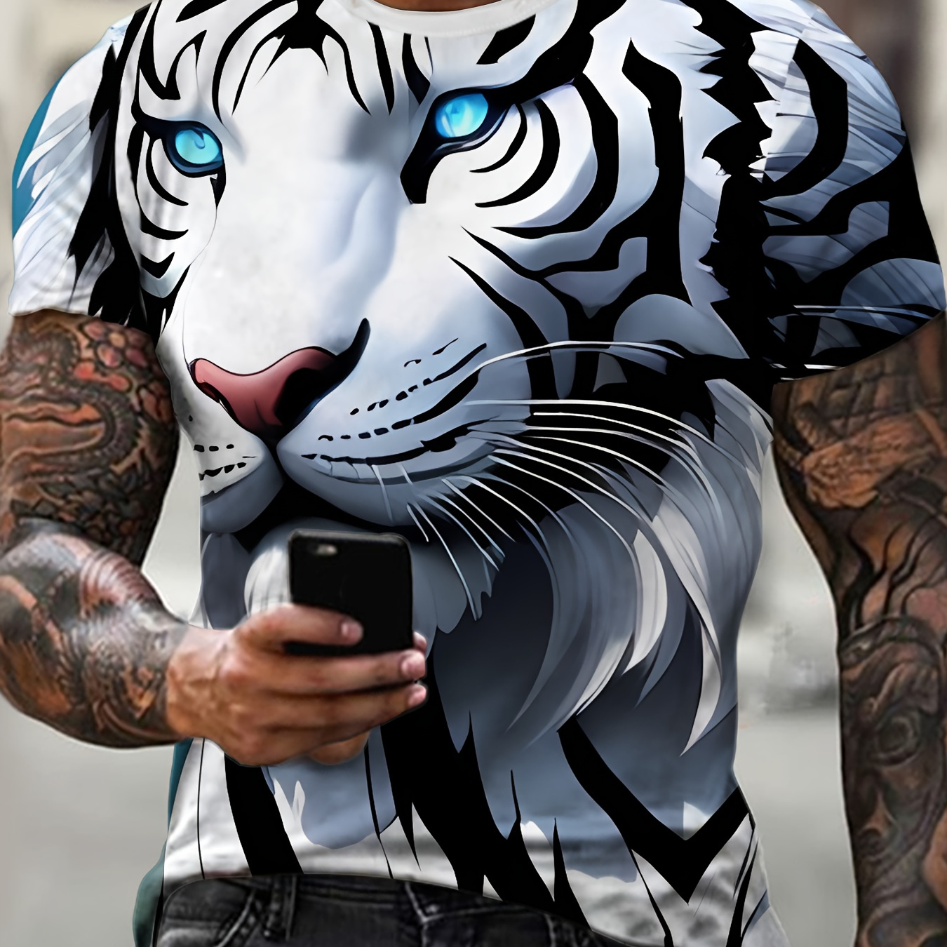 

3d White Tiger Pattern Print Men's Crew Neck Short Sleeve T-shirt, Casual Summer T-shirt For Daily Wear And Vacation Resorts