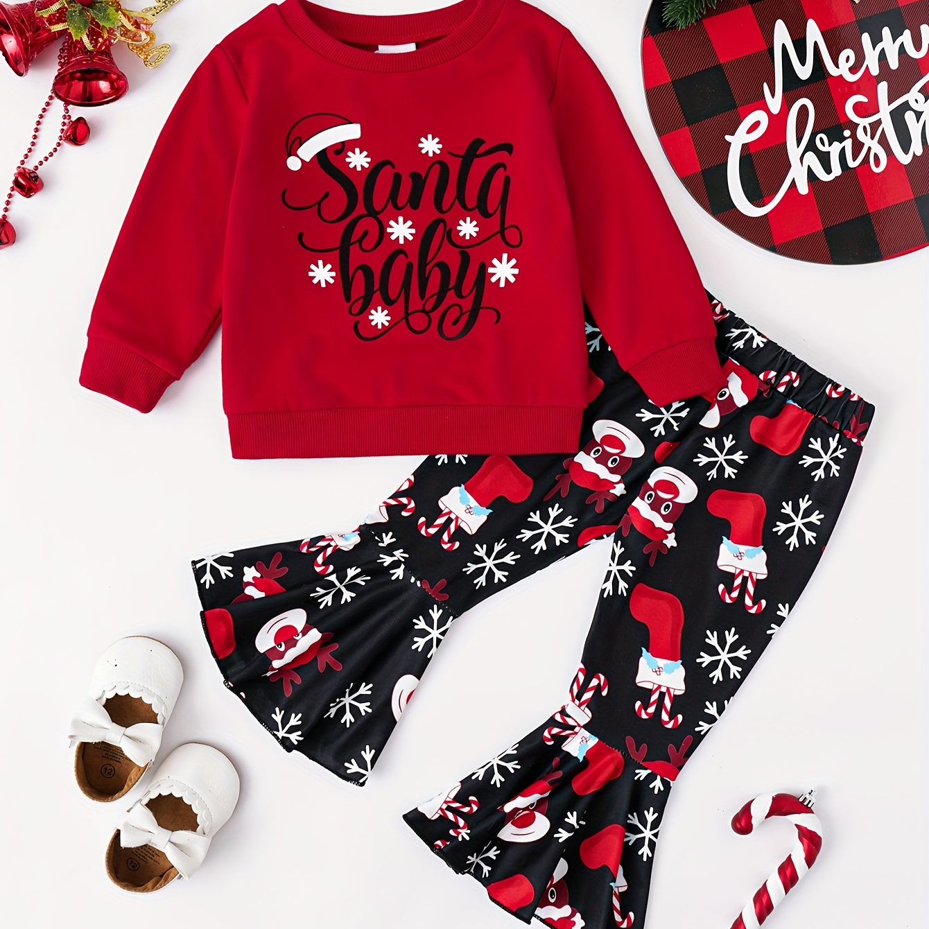 Christmas Outfits Toddler Girls Christmas Long Sleeve Letter Cartoon Santa Print Tops Bell Bottoms Flare Pants Set