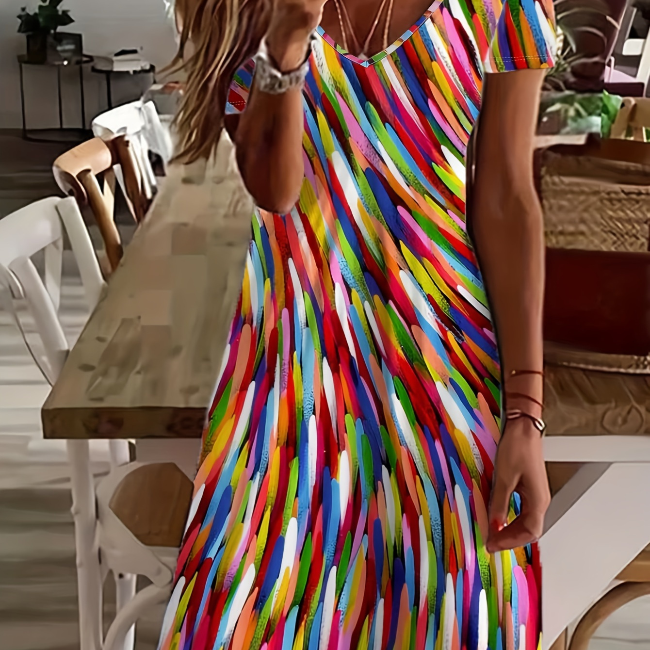 

Rainbow Striped V Neck Dress, Casual Short Sleeve Dress For Spring & Summer, Women's Clothing