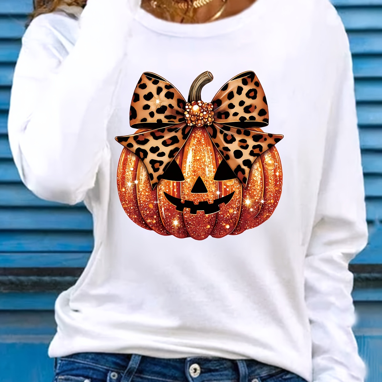 

Pumpkin Print T-shirt, Long Sleeve Crew Neck Casual Top For Spring & Fall, Women's Clothing