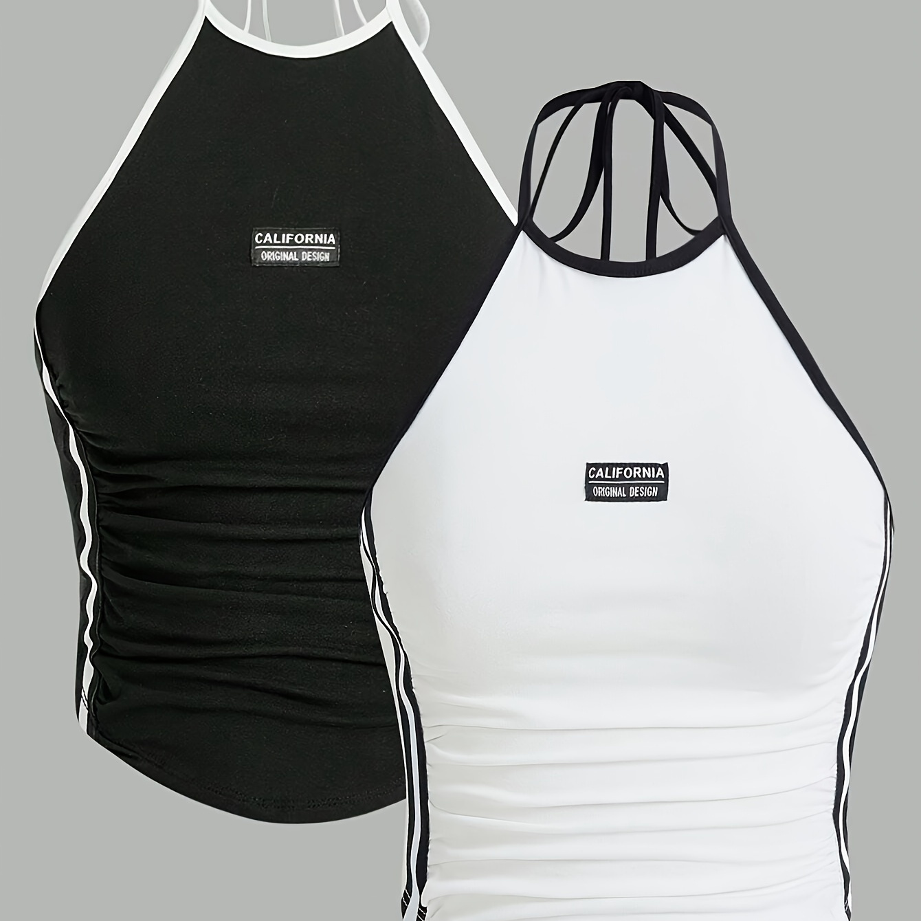 

2pcs Chic Black & White Halter Tops With " Vacation" Motif - Casual, Stretchy Polyester , Machine Washable, Spring/summer/fall