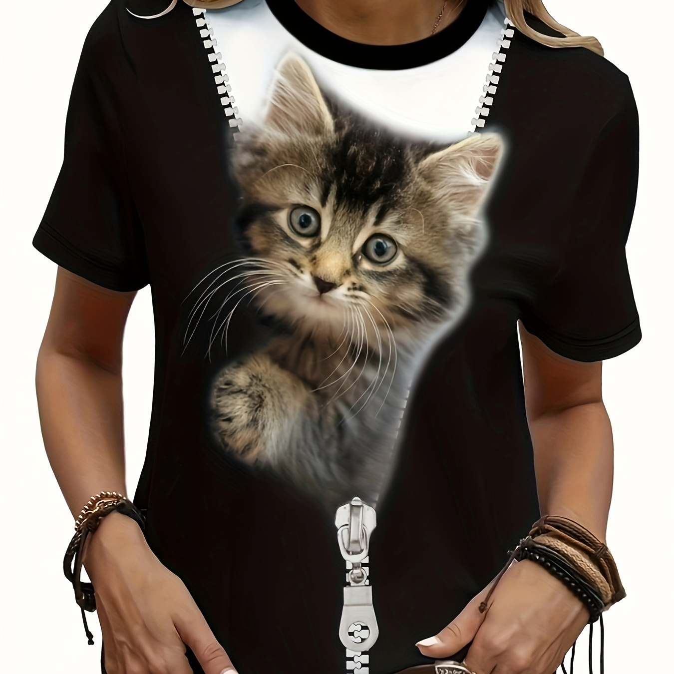 

Cute Cat Print Crew Neck T-shirt, Casual Short Sleeve T-shirt For Spring & Summer, Women's Clothing