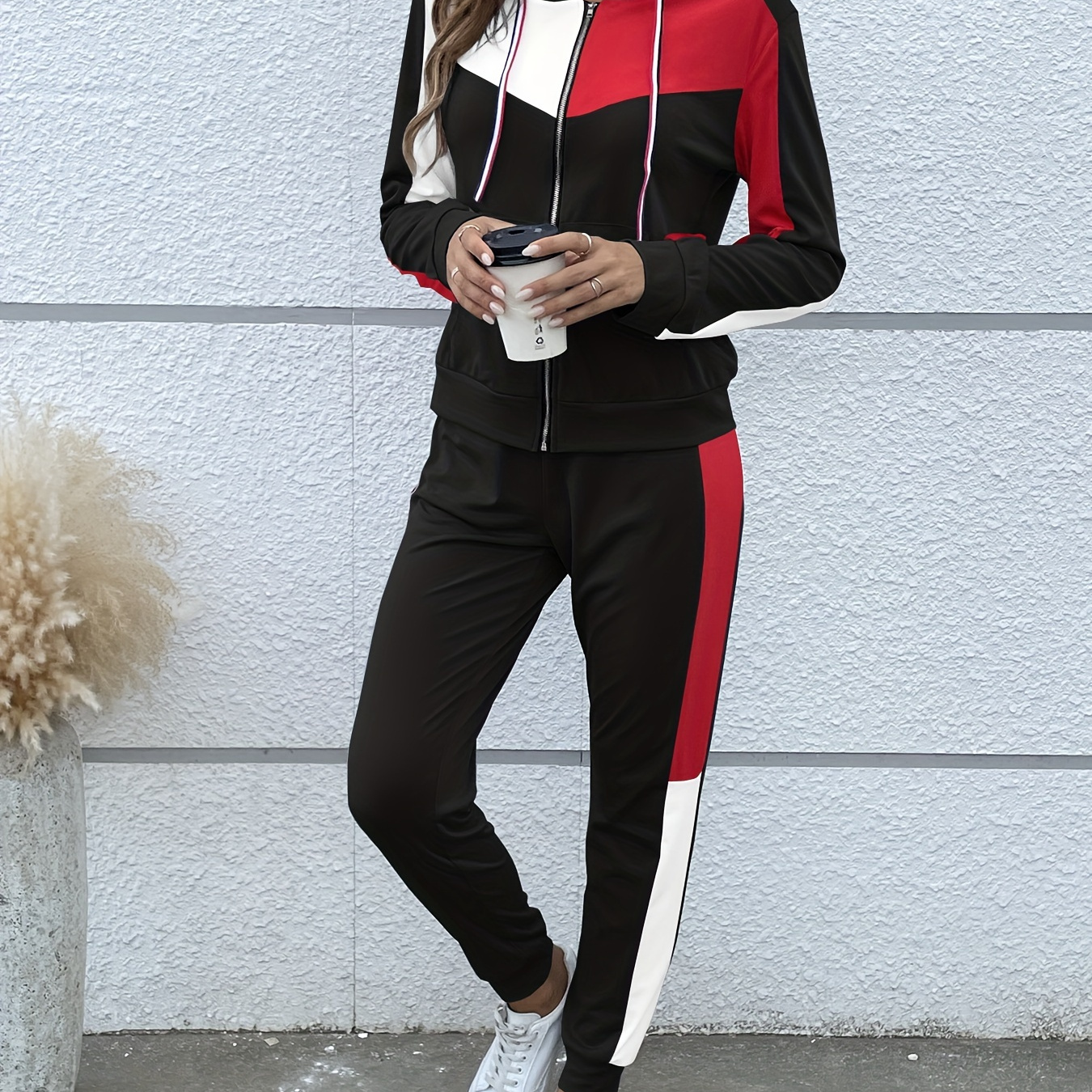 

Athleisure Color Block Two-piece Set, Zip Up Drawstring Hoodie & Contrast Trim Jogger Pants Outfits, Women's Clothing