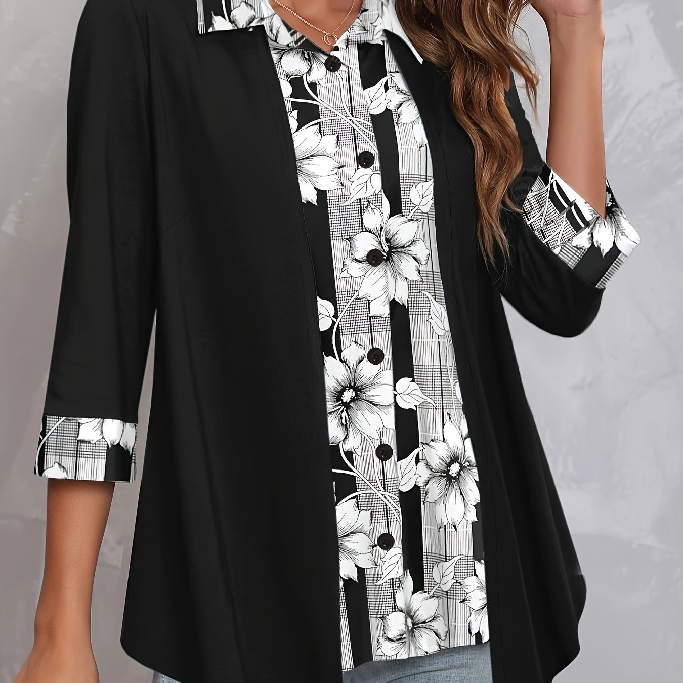 

Plus Size Elegant Blouse, Women's Plus Colorblock Floral & Stripe Print Faux Twinset Long Sleeve Button Up Lapel Collar Asymmetric Hem Shirt Top