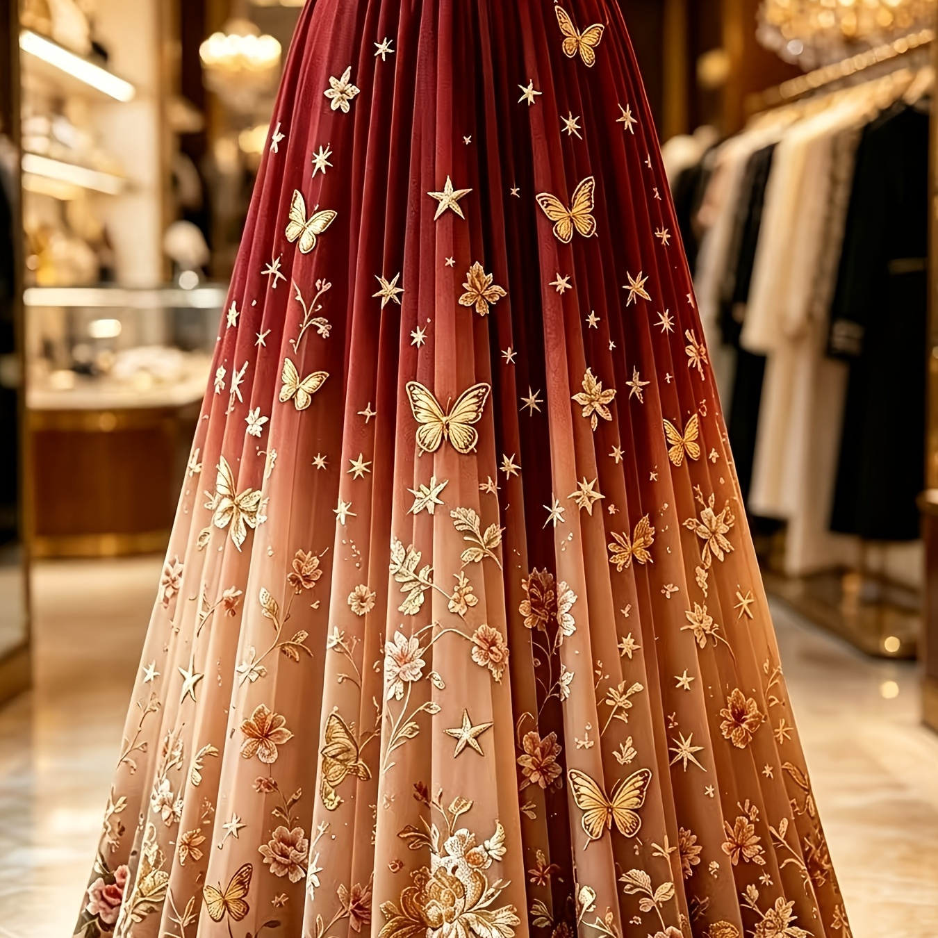 Red & Gold Butterfly Pleated Maxi Skirt