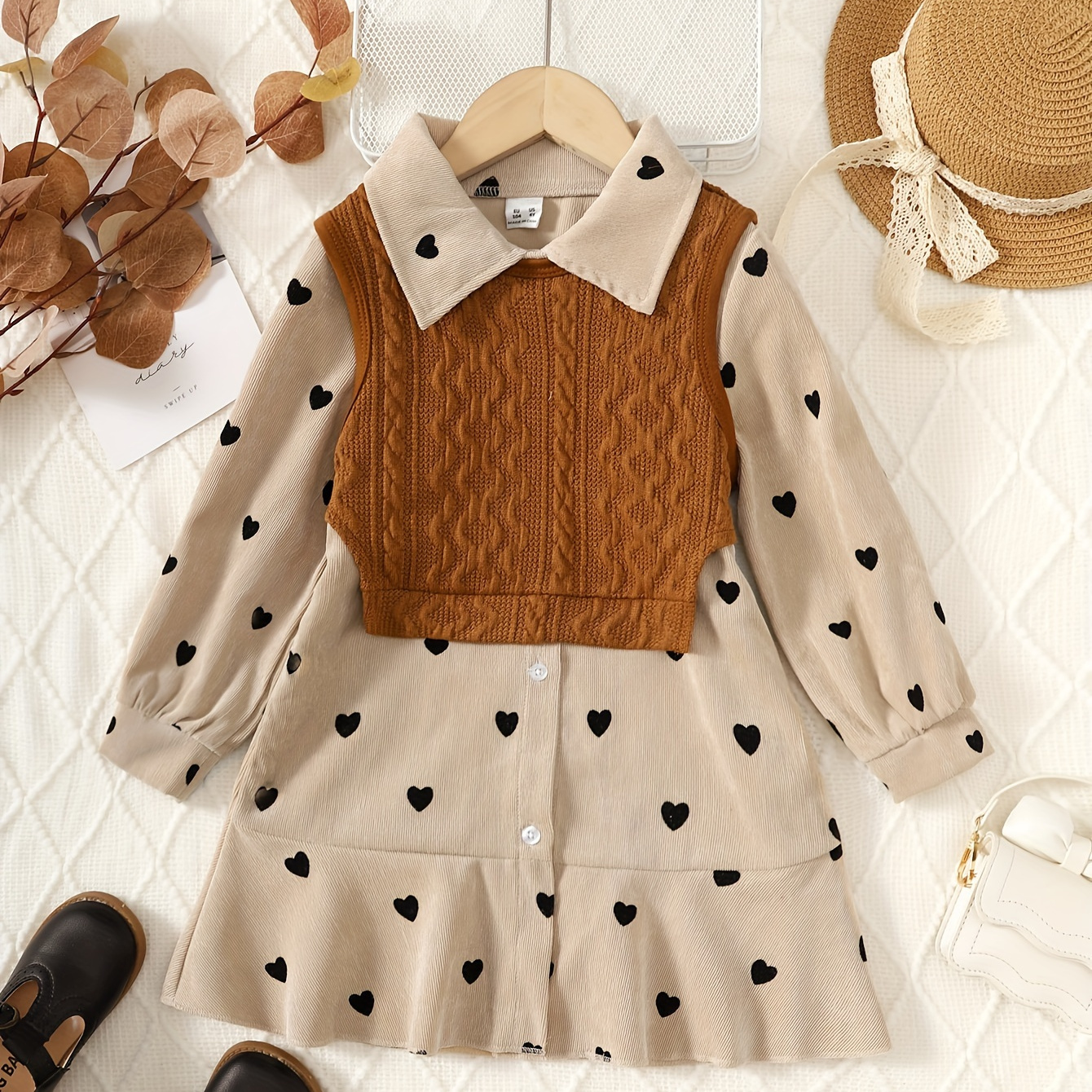 

Girls Hearts Pattern Long Sleeve Dress ＋geometric Pattern Vest For Spring Fall Gift