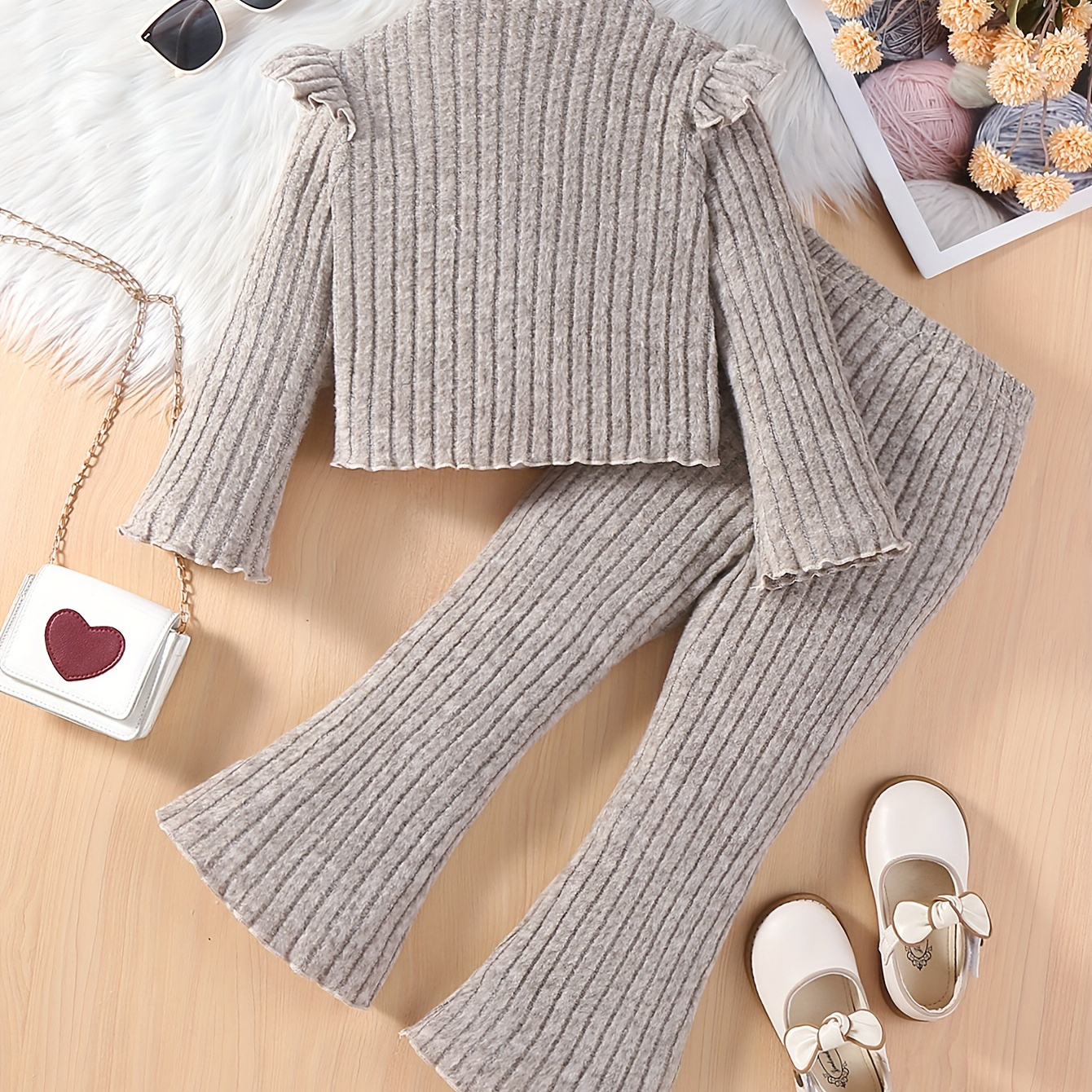 

Solid Color Long Sleeve Ribbed T-shirt With Frill Trim +flare Pants Set For Girls, Stylish Versatile Suit Holiday Gift For Spring And Summer
