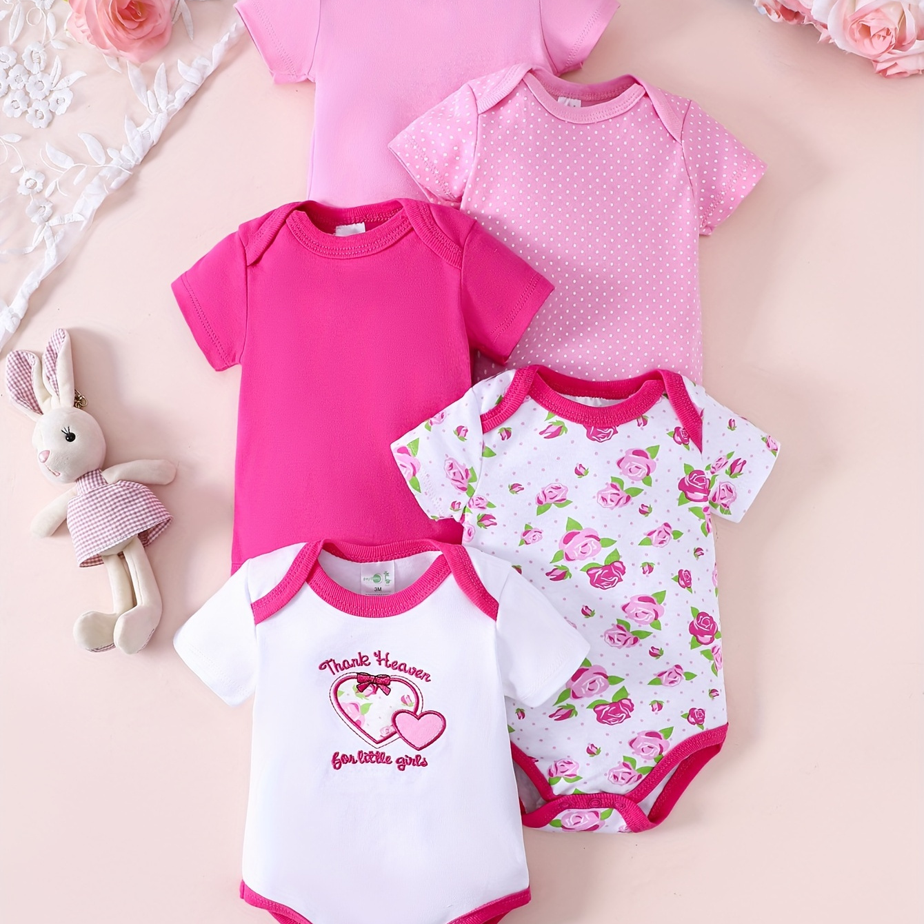 

5pcs Adorable Baby Girl Climbing Clothes Set With Multiple Color Combinations, Cute Flower Print And Heart Patterns Clothing