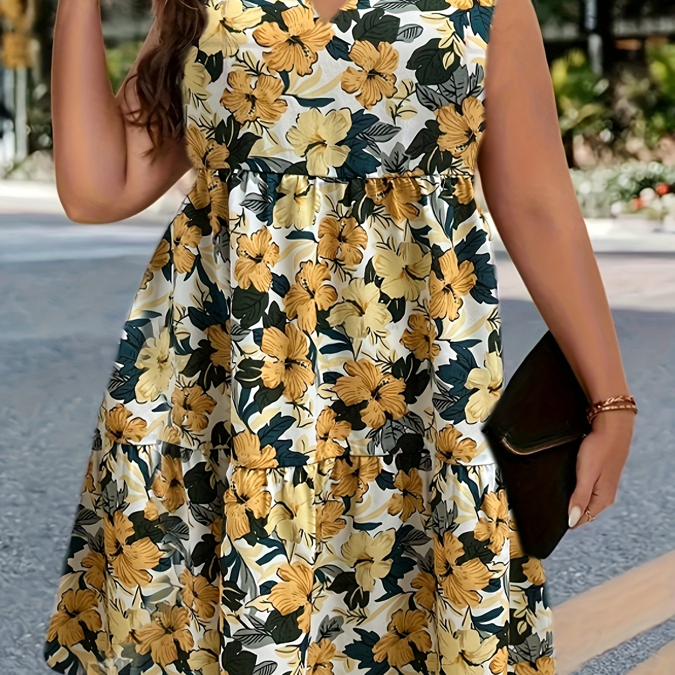 

Plus Size Floral Print Tank Dress, Casual Notch Neck Sleeveless Dress, Women's Plus Size Clothing