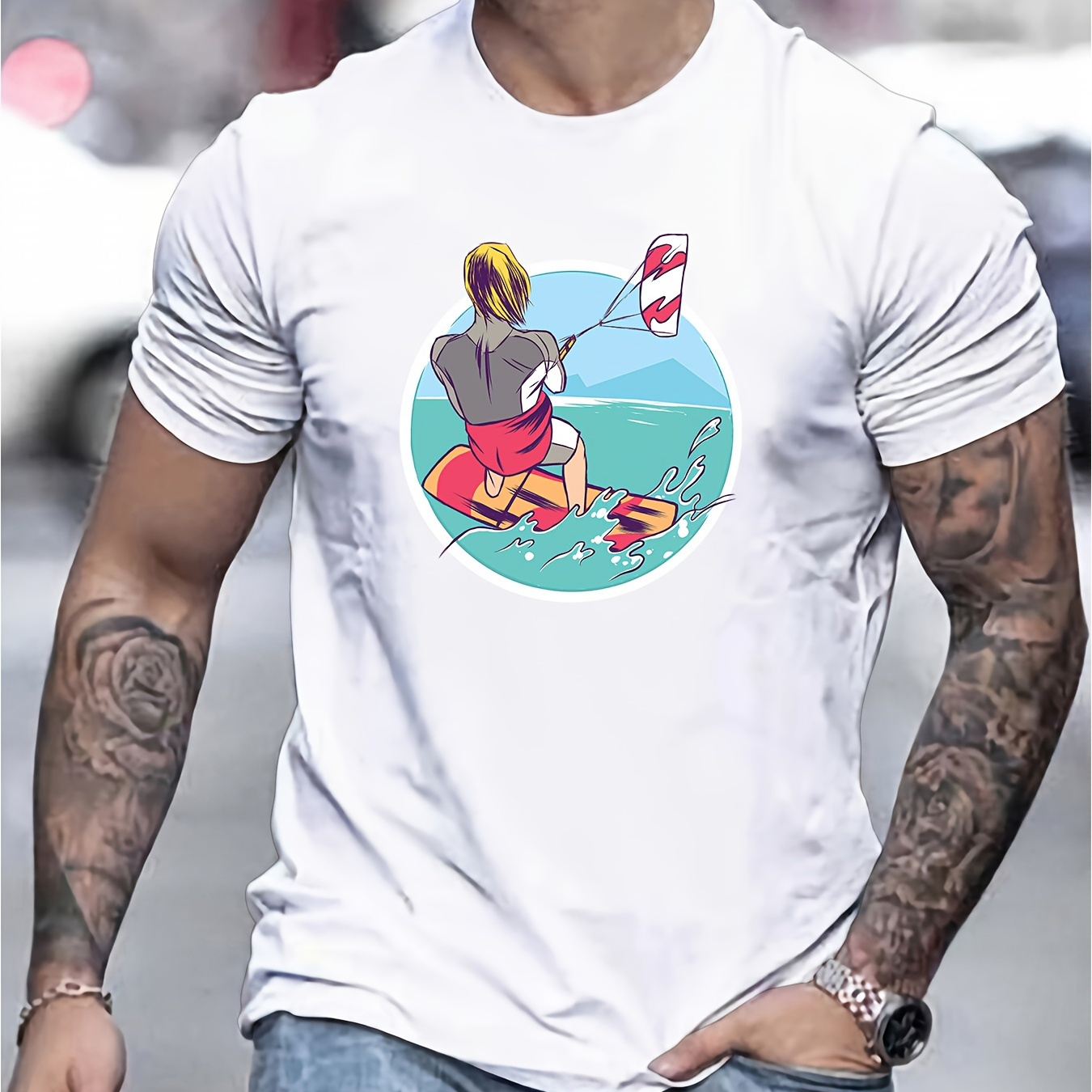 

Kite Surfing Print Tee Shirt, Tees For Men, Casual Short Sleeve T-shirt For Summer