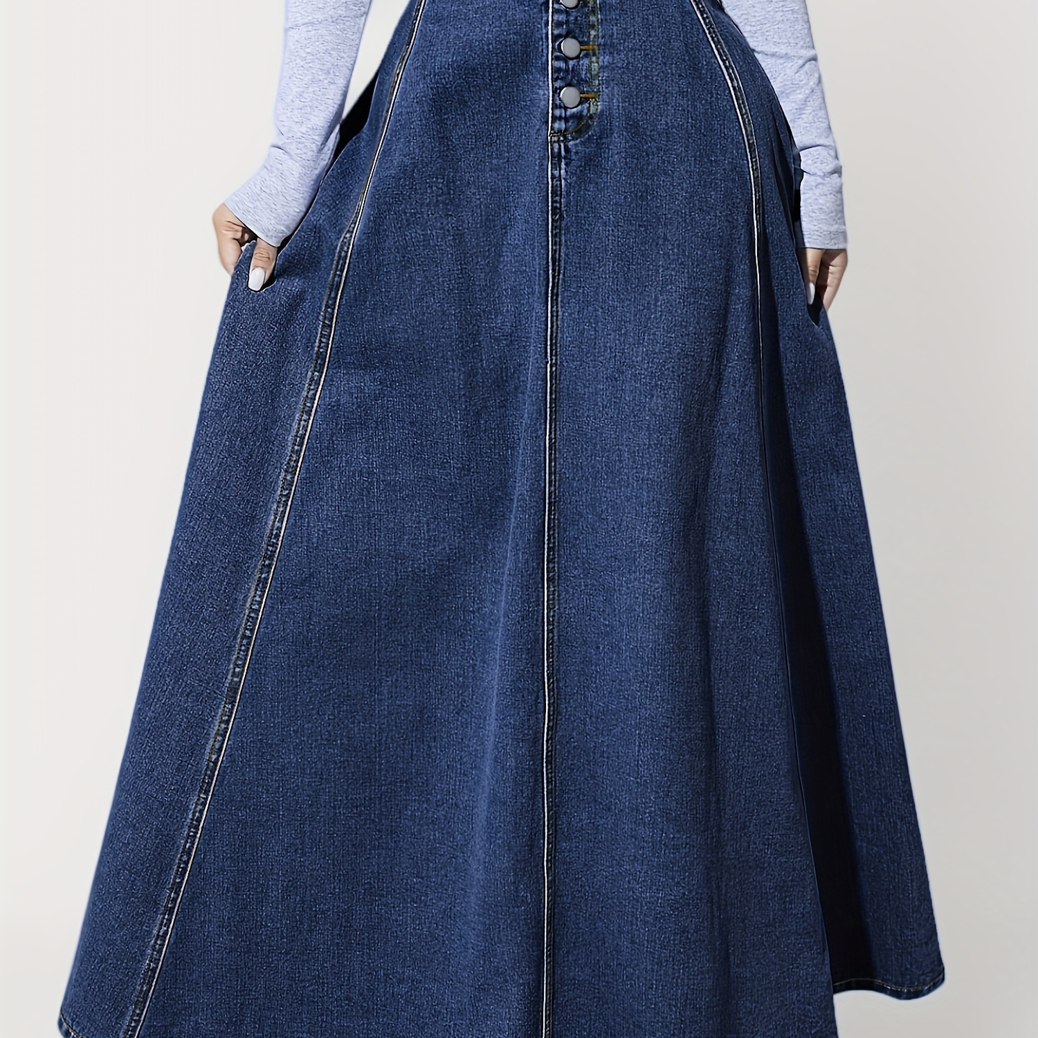 

Women's Boho High Waist A-line Denim Skirt - Button Front Long Flared Jean Skirt With Elastic Back, Cotton Blend, Non-stretch Fabric, Solid Color, Versatile For Spring/summer/fall