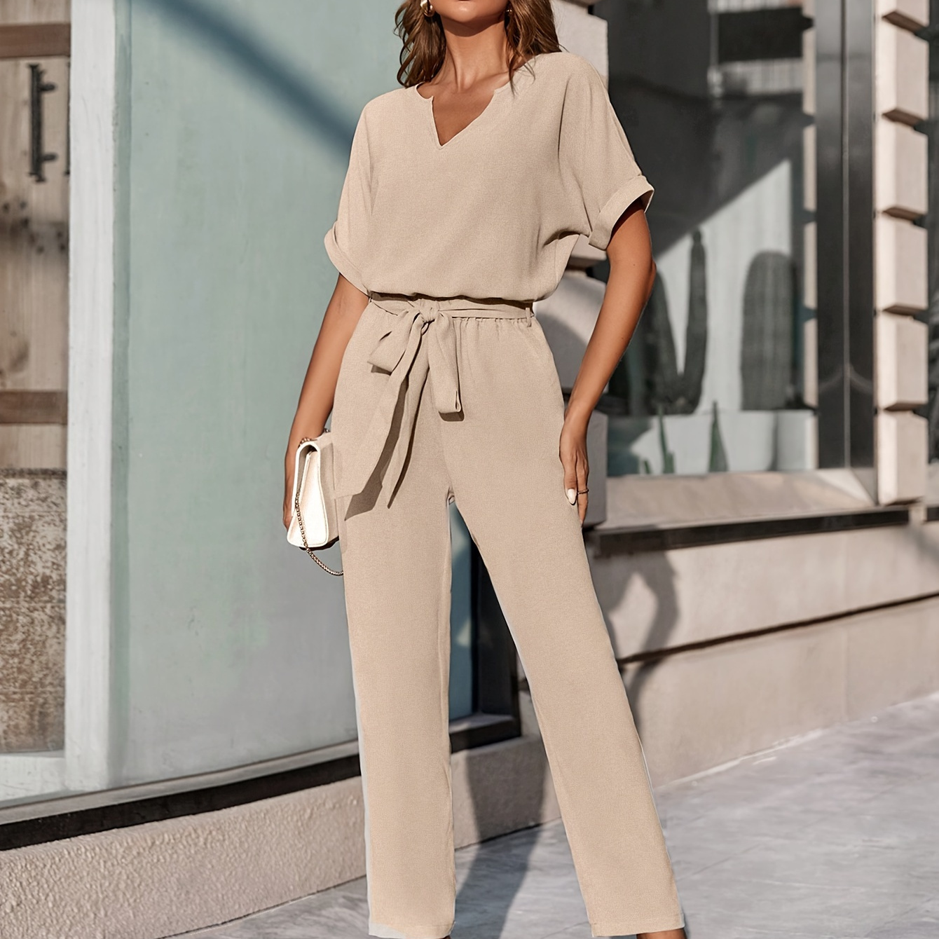 

Elegant Solid Color Pants Set, Notched Neck Short Sleeve Blouse & Belted Straight Leg Simple Pants, Women's Clothing