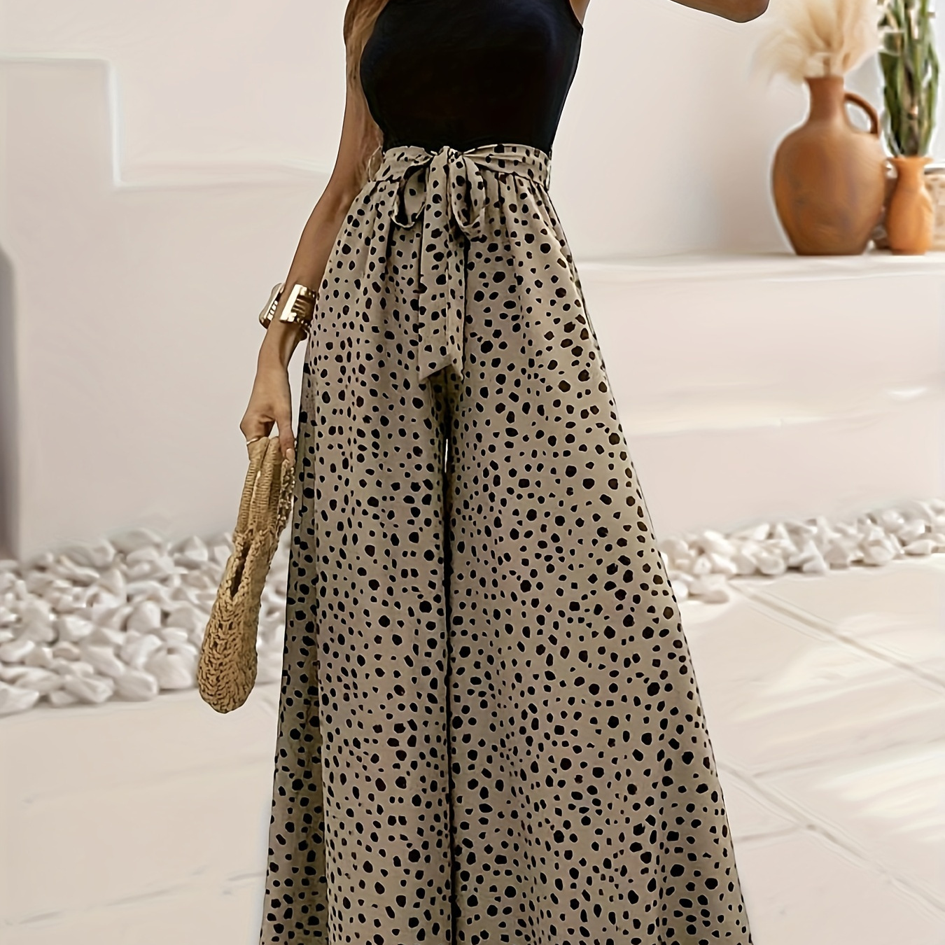 

Leopard Print Wide Leg Jumpsuit, Casual Sleeveless Jumpsuit For Spring & Summer, Women's Clothing