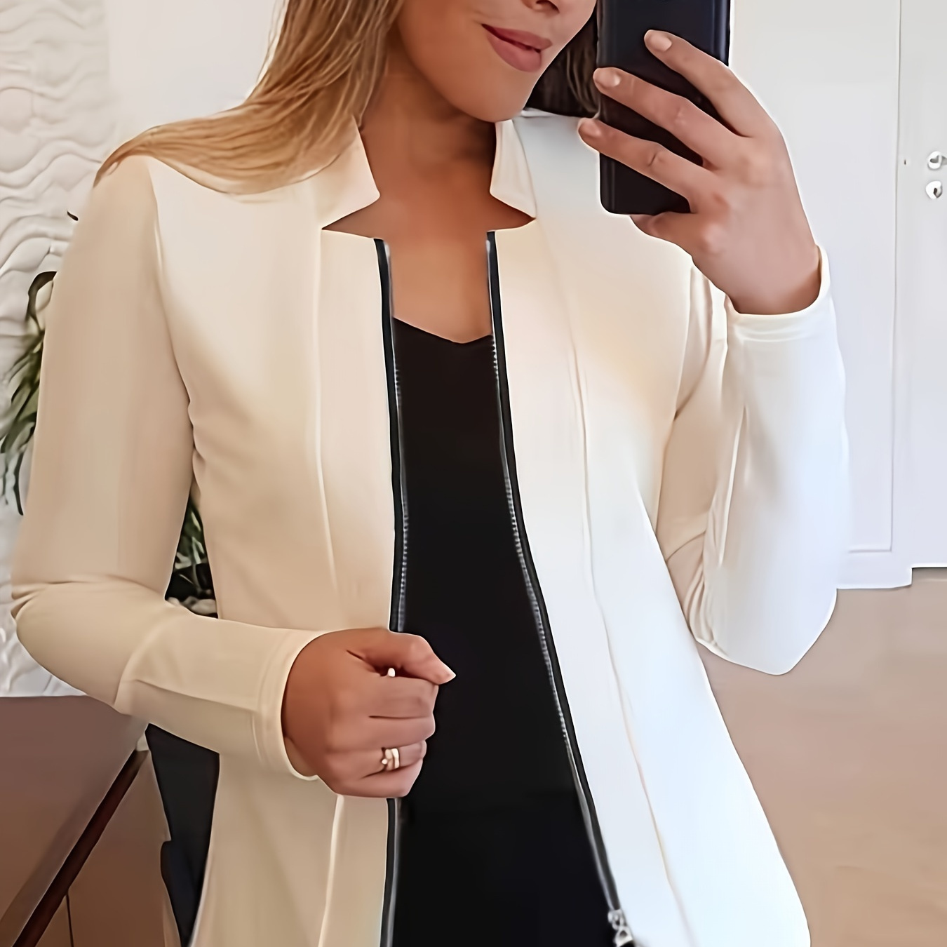 Solid Color Zip Up Blazer, Elegant Long Sleeve Blazer For Office & Work, Women's Clothing