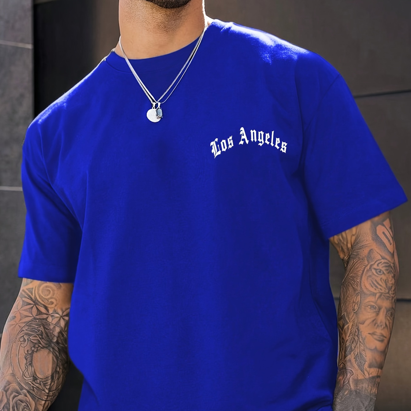 

' Los Angeles 'creative Print Men's Short Sleeve T-shirt, Casual Round Neck Top, Versatile And Comfortable Tee, Spring& Summer Collection