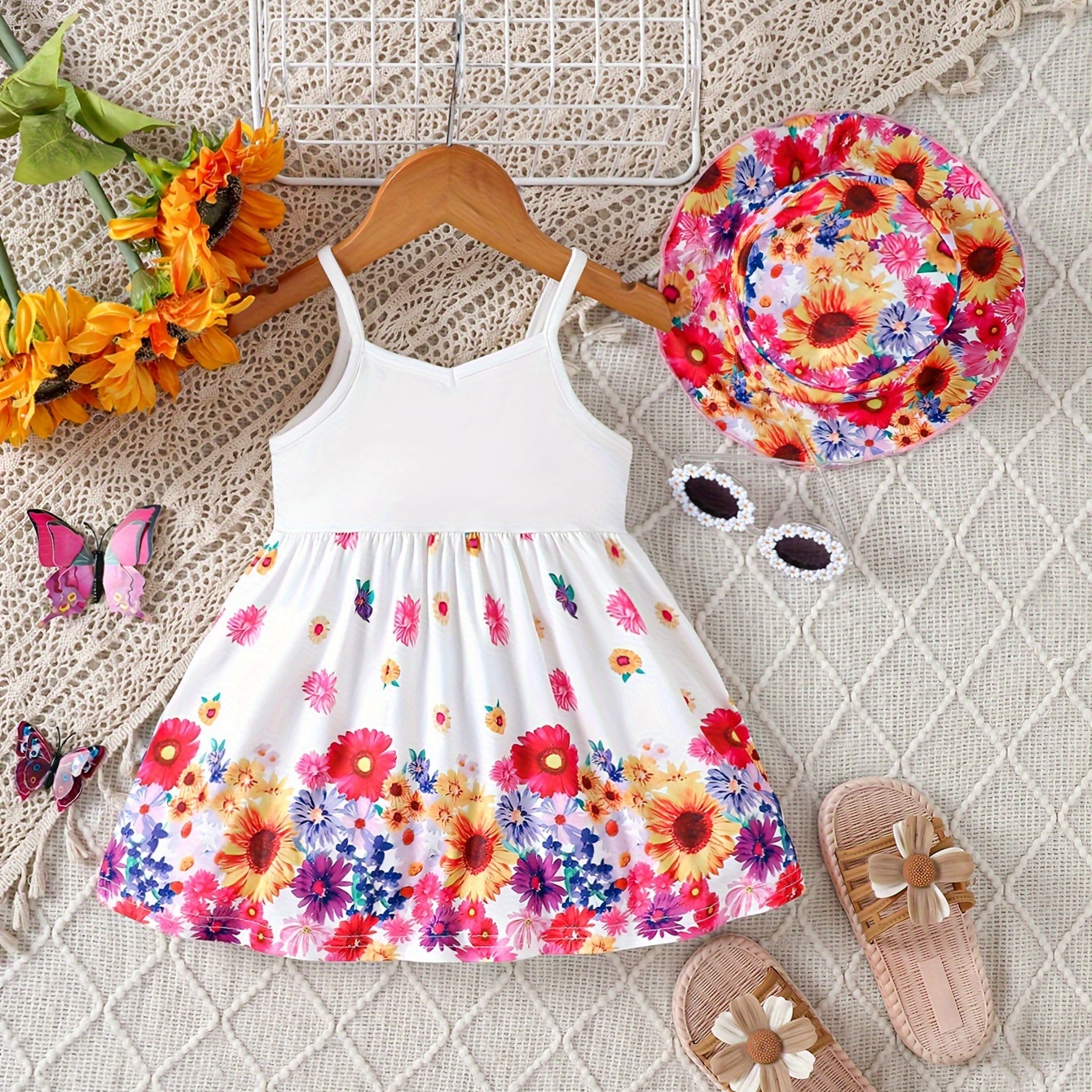

Baby Girl's Camisole Dress & Hat, Colorful Flower Print Casual Baby's Clothes For Summer
