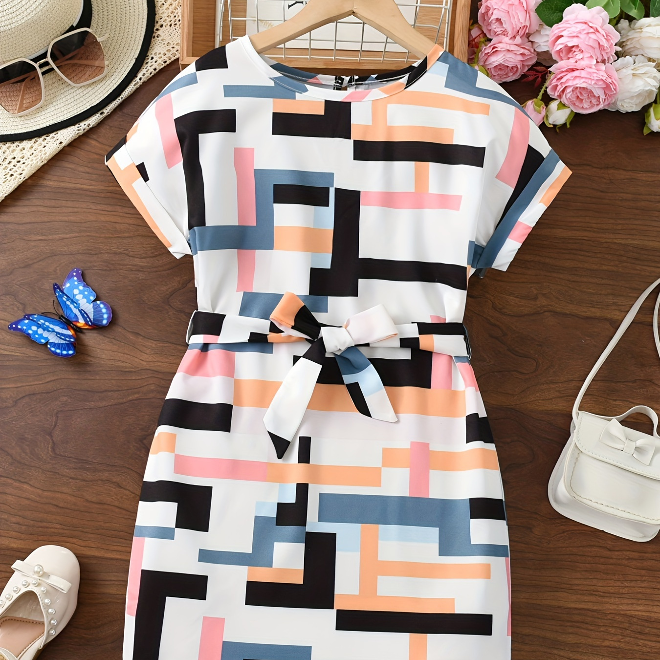 

Girls Geometric Graphics Batwing Sleeve Curved Hem Casual Belted Dress Kids Summer Clothes