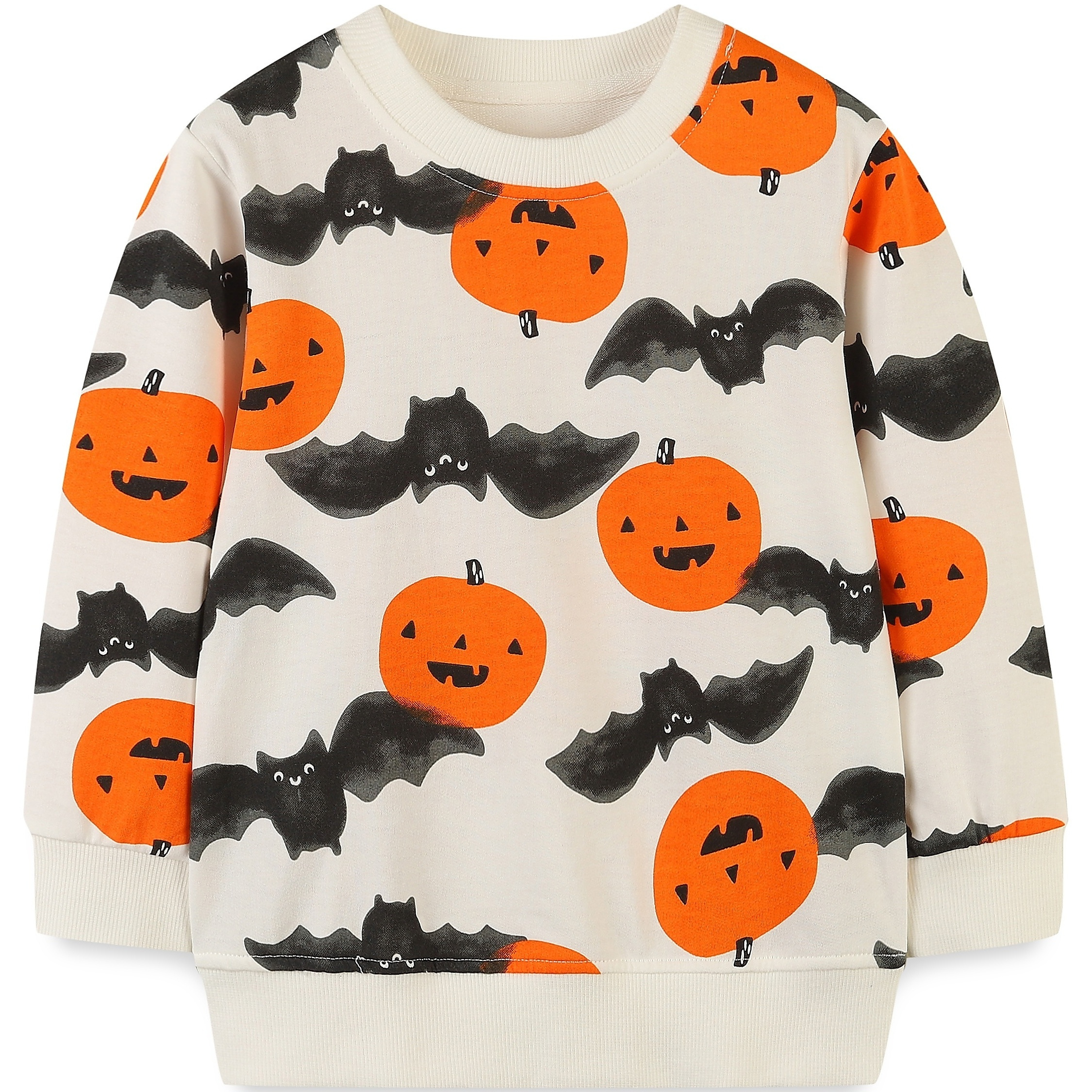 Halloween Pumpkin And Bat Print Boys Casual Creative Pullover Sweatshirt, Long Sleeve Crew Neck Tops, Kids Clothing