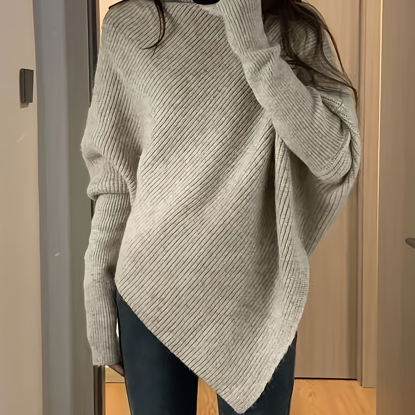 

Solid Turtle Neck Pullover Sweater, Casual Batwing Sleeve Asymmetrical Hem Stylish Sweater, Women's Clothing