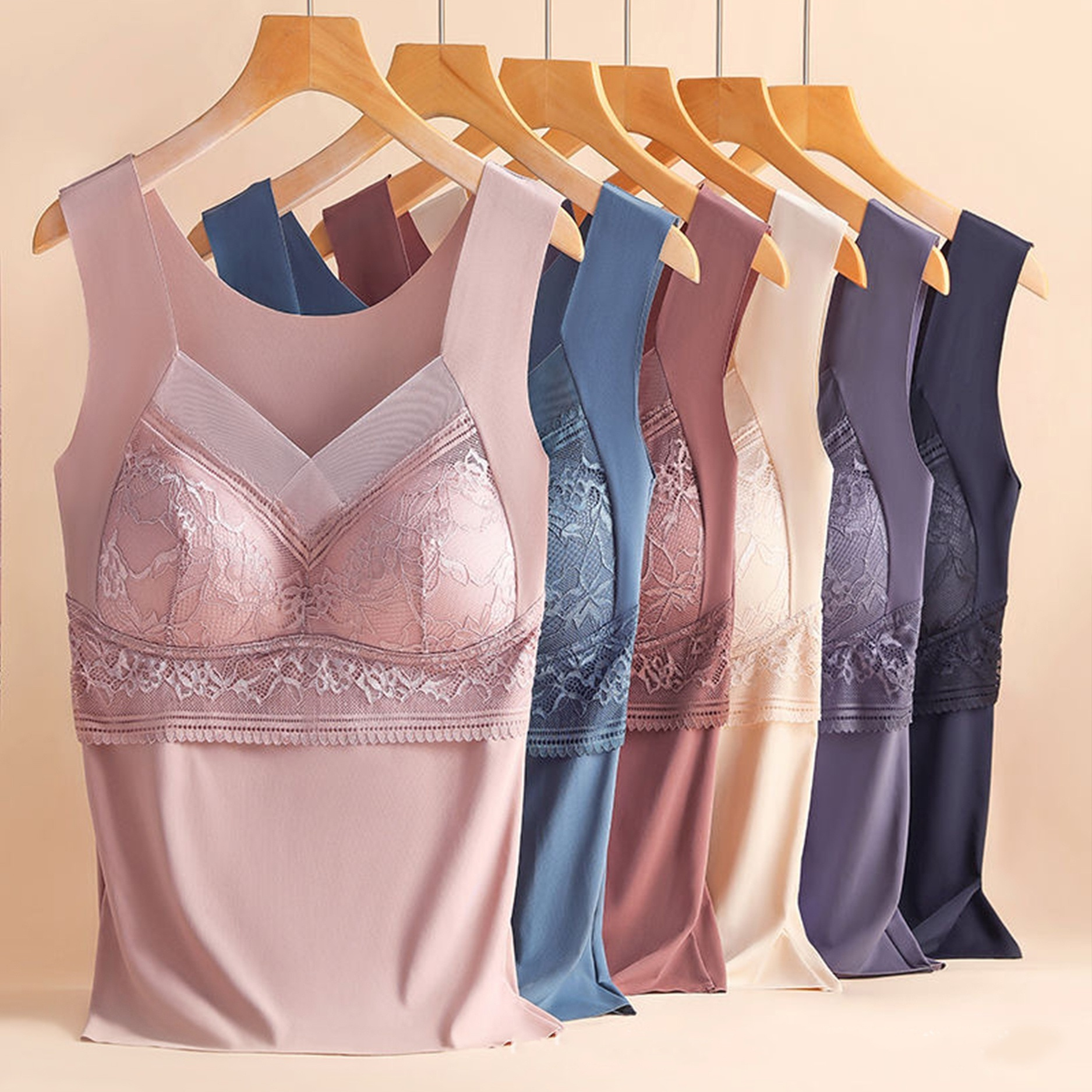 

6pcs Lace Decorated Thin Women's Vest, V-neck Sleeveless Top With Wire-, Women's Sportswear, Chest Pad Integrated Vest Breathable Cool Beautiful Back Underwear Vest Top