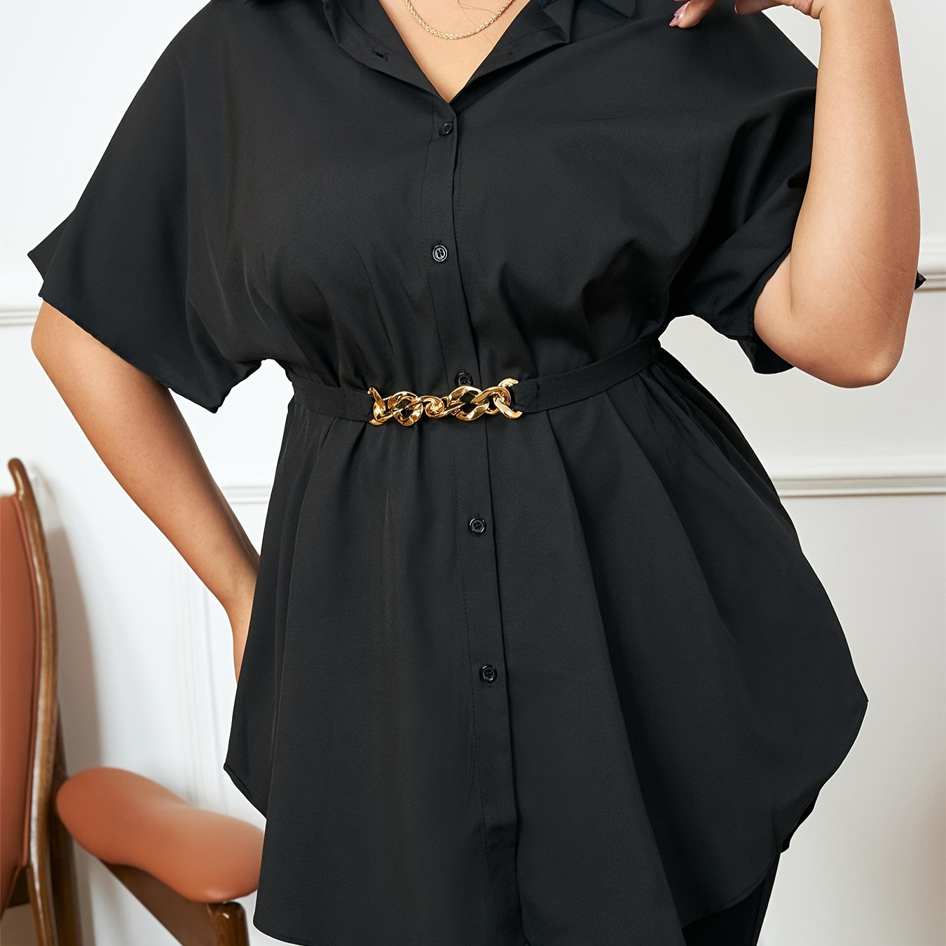 

Plus Size Casual Blouse, Women's Plus Solid Chain Decor Button Up Batwing Sleeve Lapel Collar Tunic Shirt Top