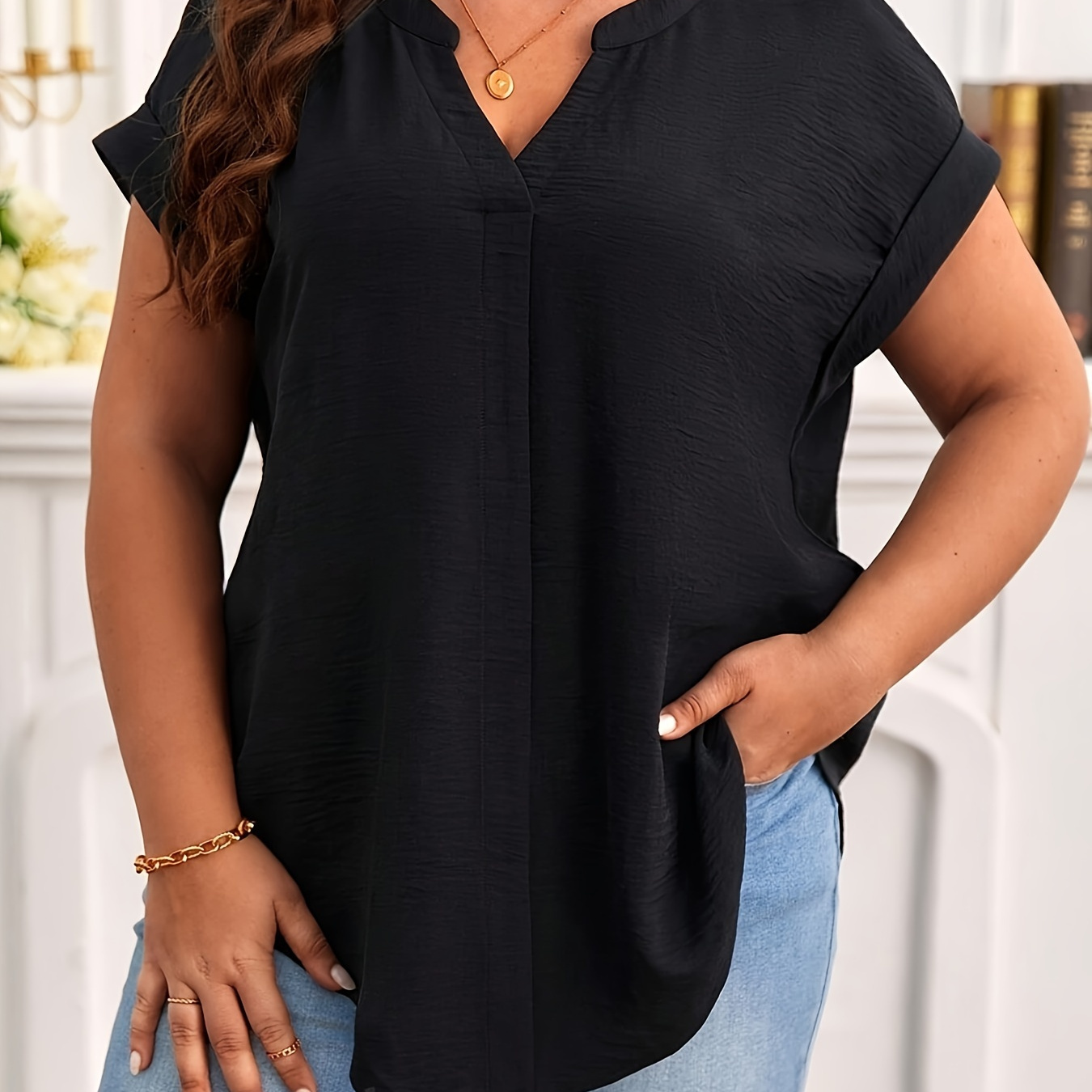 

Plus Size Solid Notch Neck Blouse, Casual Short Sleeve Blouse For Summer, Women's Plus Size clothing