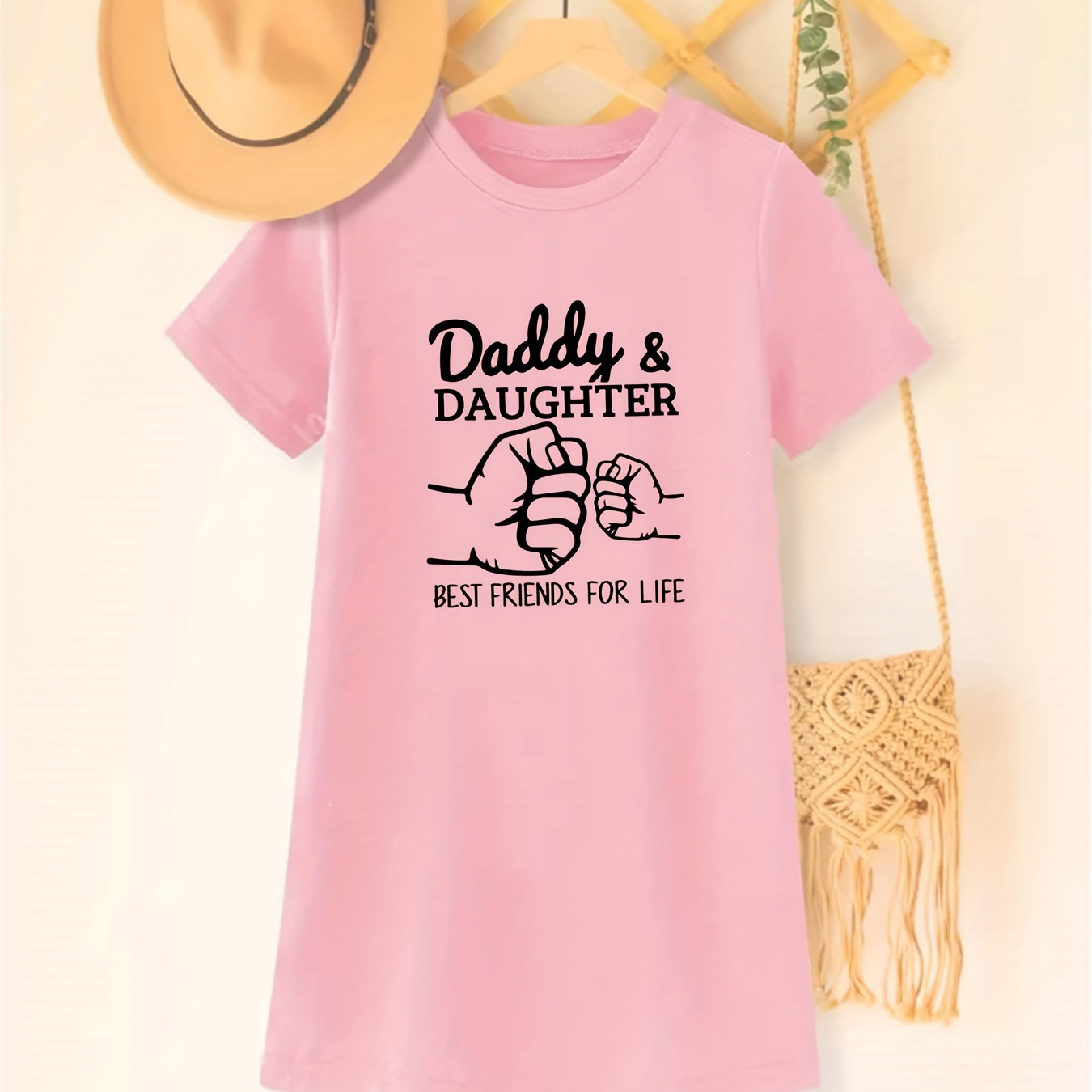 

Daddy & Daughter Print Girl's T-shirt Dress, Loose Fit Breathable Comfy Short Sleeve Straight Dress, Girls Clothing, Gift