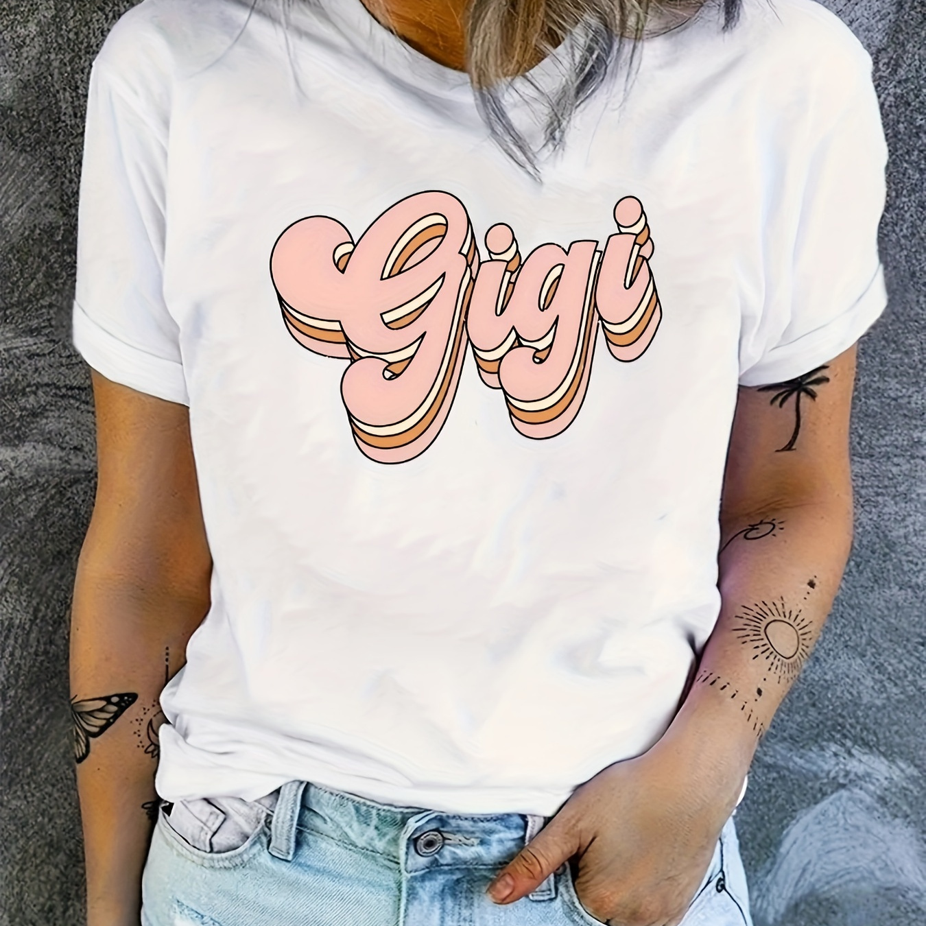 

Gigi Letter Print Print Crew Neck T-shirt, Casual Short Sleeve Top For Spring & Summer, Women's Clothing