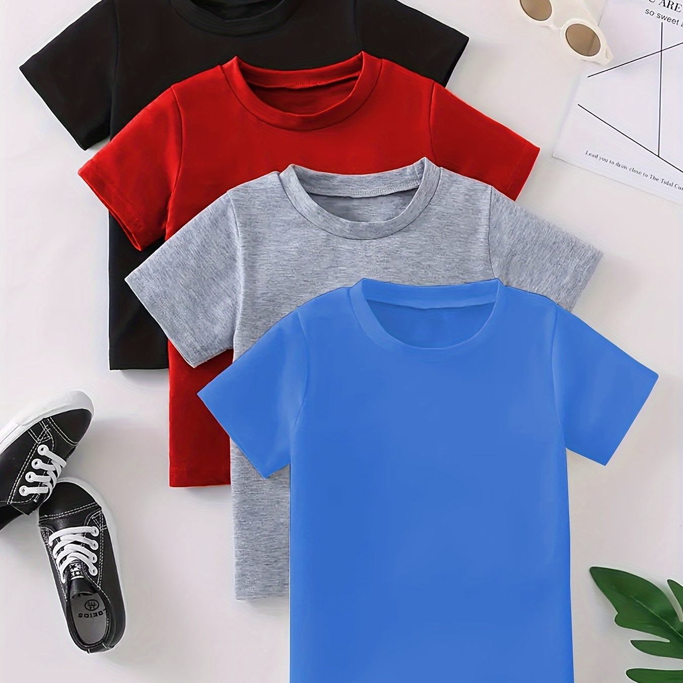 

4pcs, Solid Color Short Sleeve Crew Neck T-shirt For Boys, Casual Breathable Tee Versatile Top Summer Gift