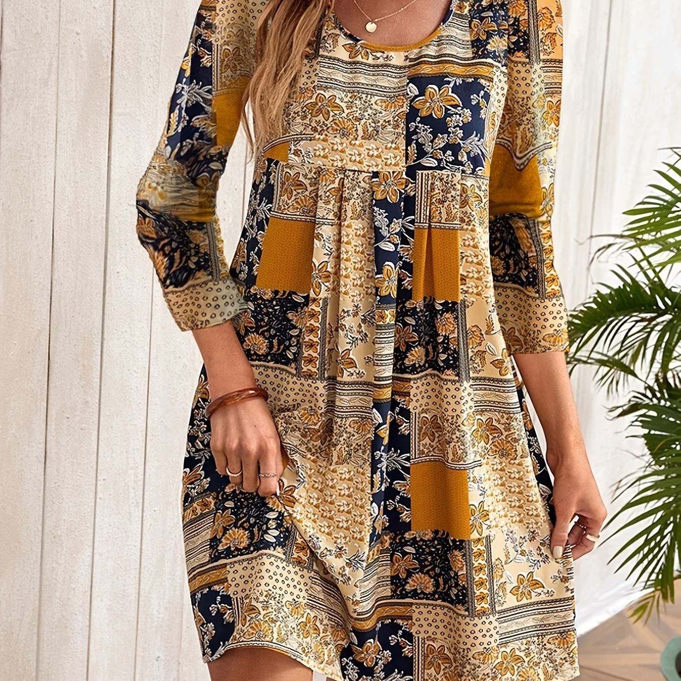 Plus Size Boho Dress Women's Plus Colorblock Floral Print - Temu