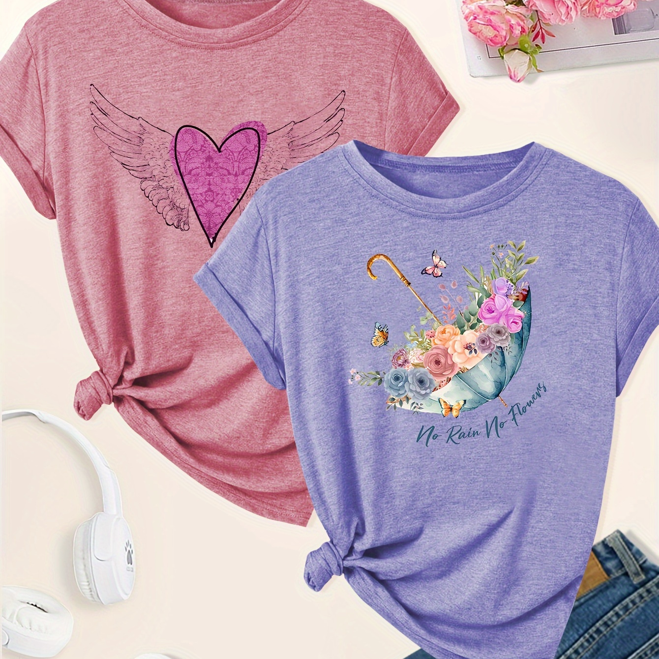 

Two-piece Set Flower Umbrella Print Fashion Elegant Style Women' And Autumn And Winter Casual Sports Style Neck Short Sleeve T-shirt With Button-down Collar