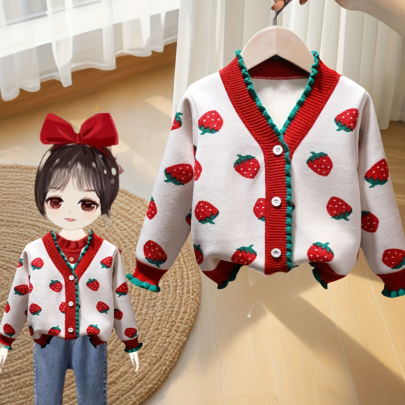 

Girls' Strawberry Print Knit Cardigan, Retro Elegant Casual Style, Spring/autumn Sweater For Kids, Button-front All-over Print Top