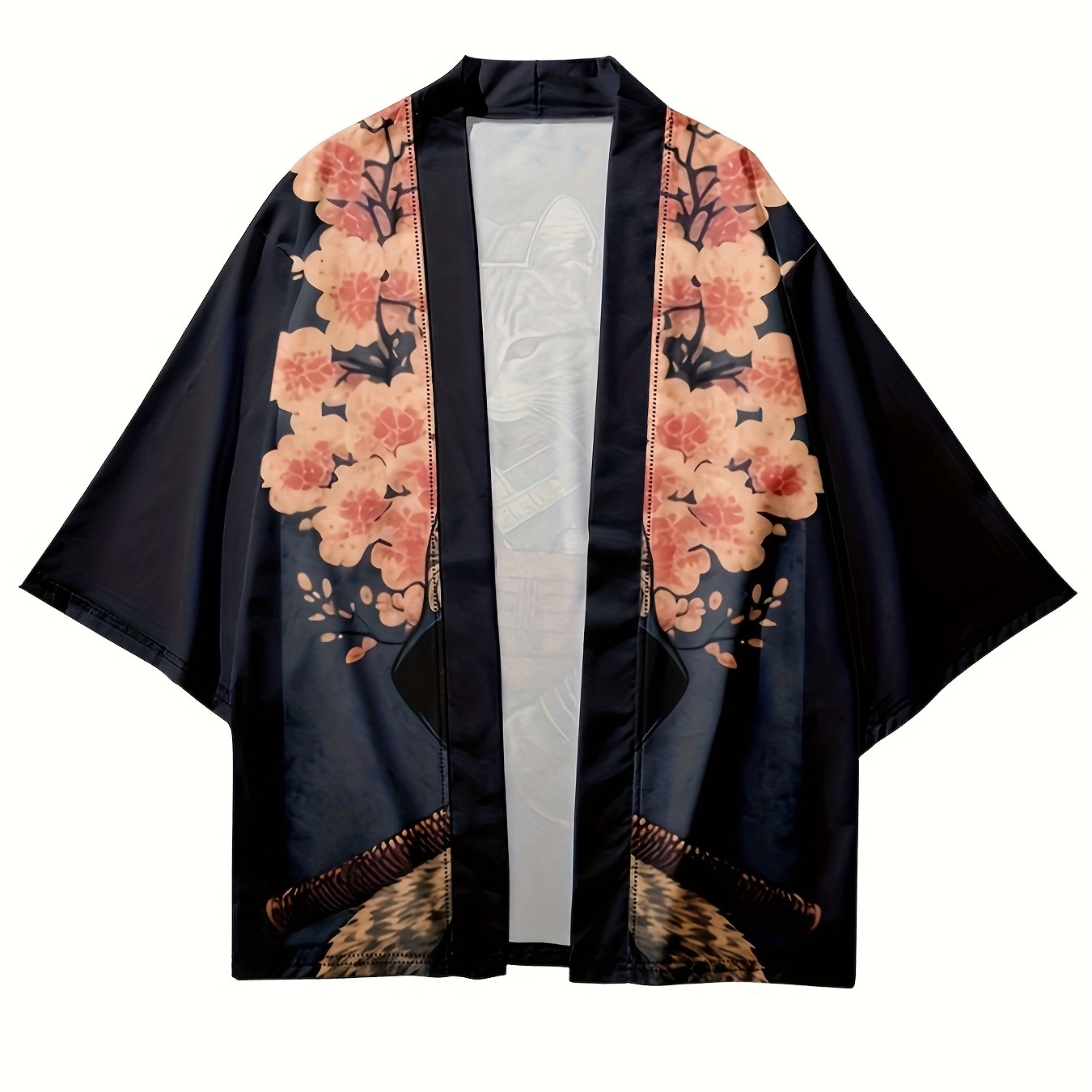 

Anime Cat And Flower Pattern Men's Creative Graphic Kimono, Men's Spring Summer Cardigan For Holiday
