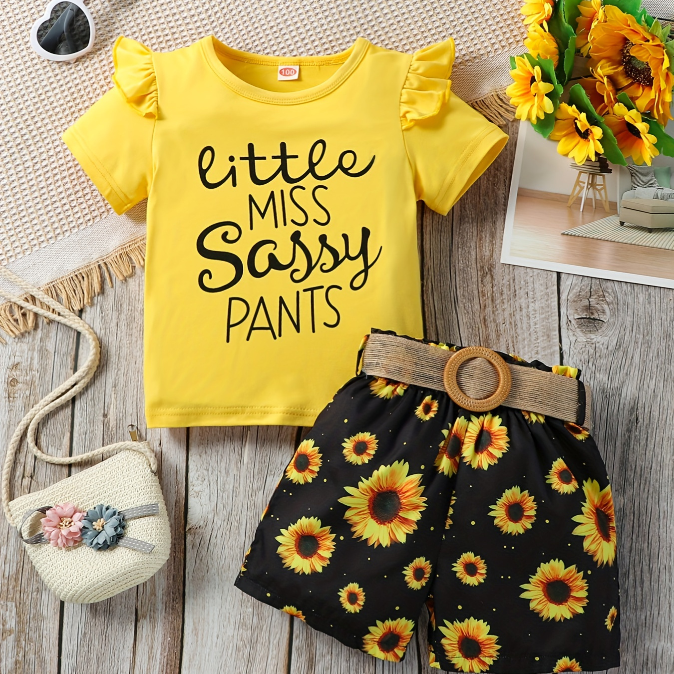 

2pcs Toddler Girls Letter "little Miss Sassy" Graphic Ruffle Trim T-shirts Casual Round Neck Tees Top & Sunflower Graphic Belted Shorts Set Kids Summer Clothes