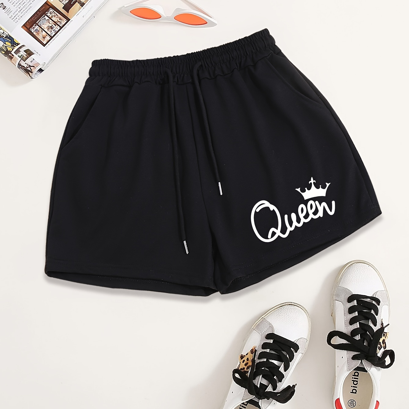 

Queen Print Drawstring Shorts, Casual Dual Pocket Sporty Shorts, Women's Clothing