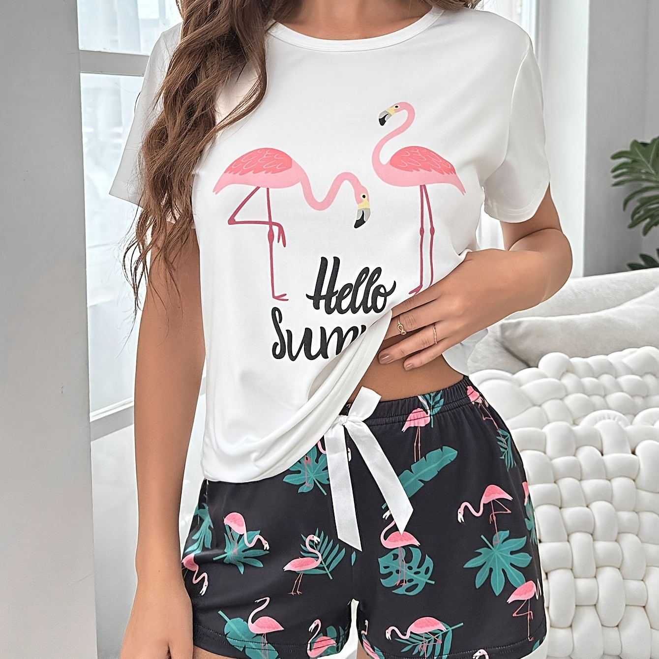 

Women's Flamingo & Tropical & Letter Print Casual Pajama Set, Short Sleeve Round Neck Top & Shorts, Comfortable Relaxed Fit