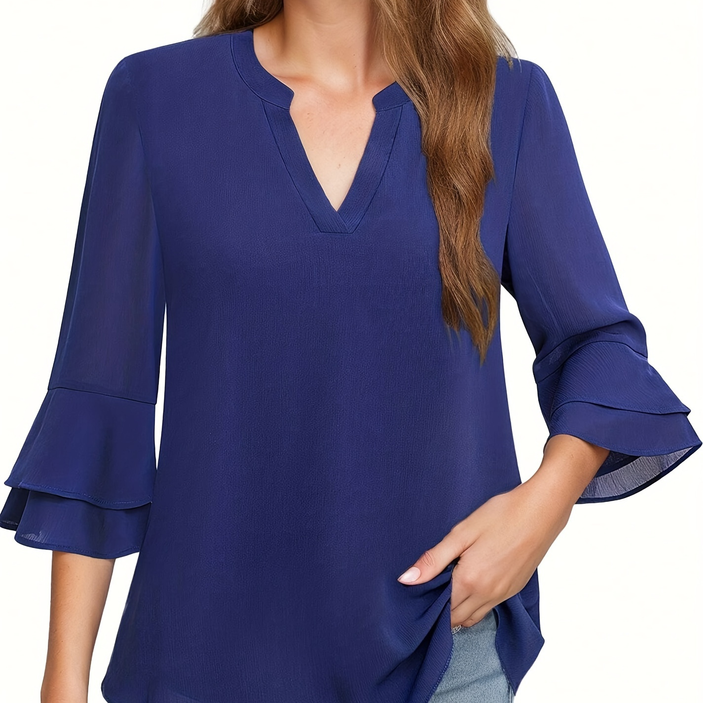 

Elegant Women's Chiffon Blouse With Layered Bell Sleeves - V-neck, Solid Color, Casual , -eighths, Fashion